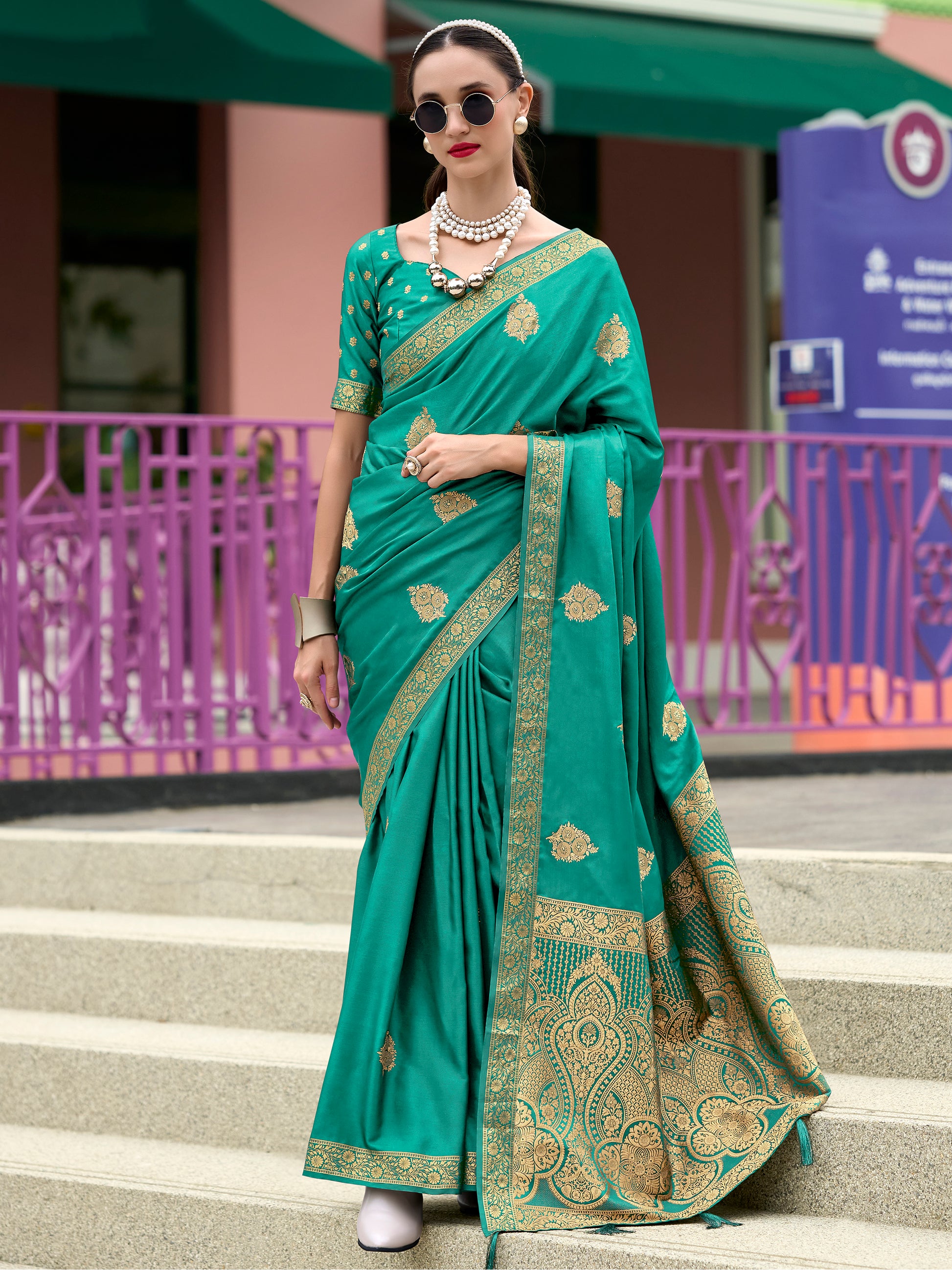 Stunning Teal Green Zari Weaving Satin Event Wear Saree With Blouse