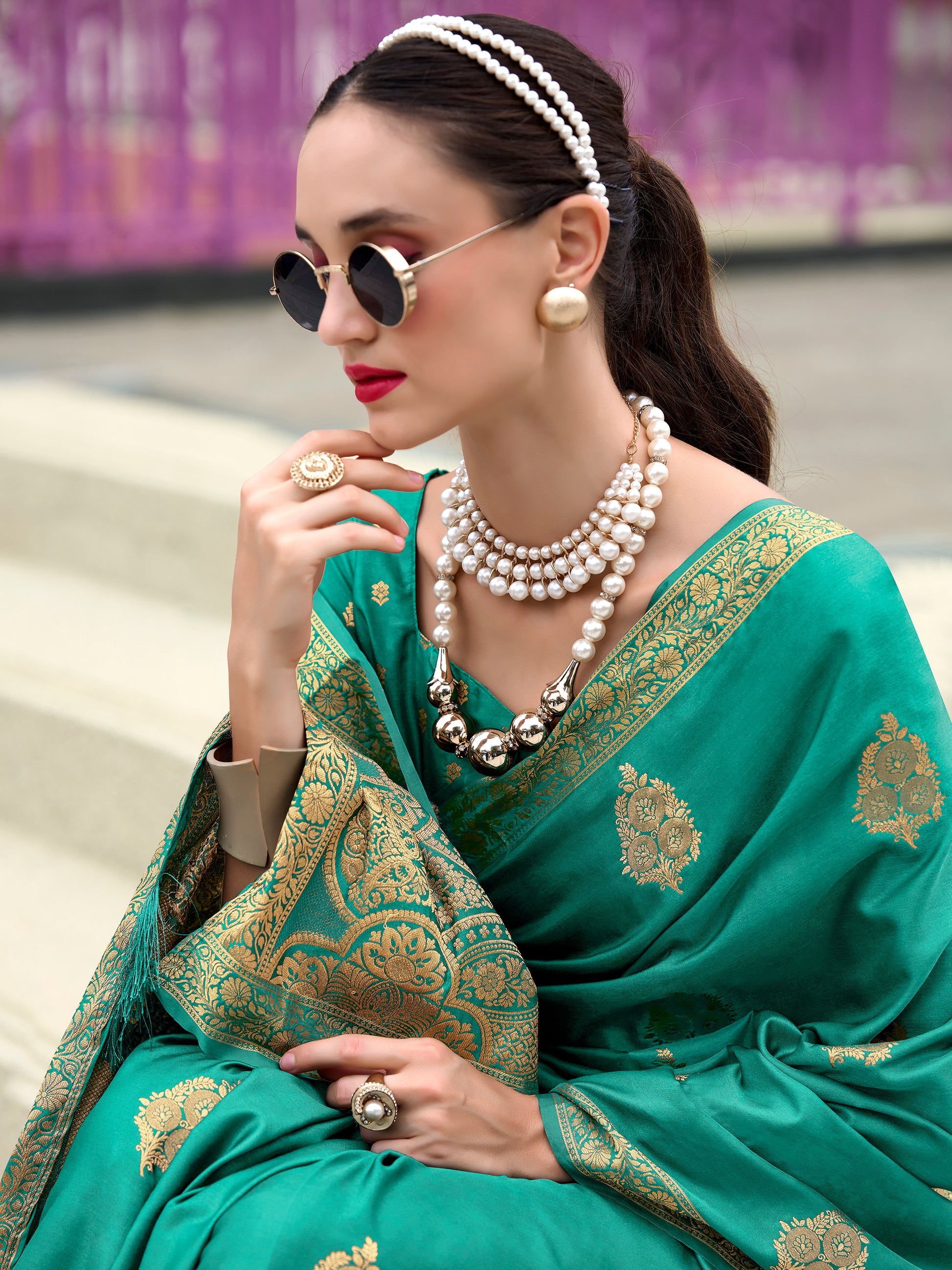 Stunning Teal Green Zari Weaving Satin Event Wear Saree With Blouse