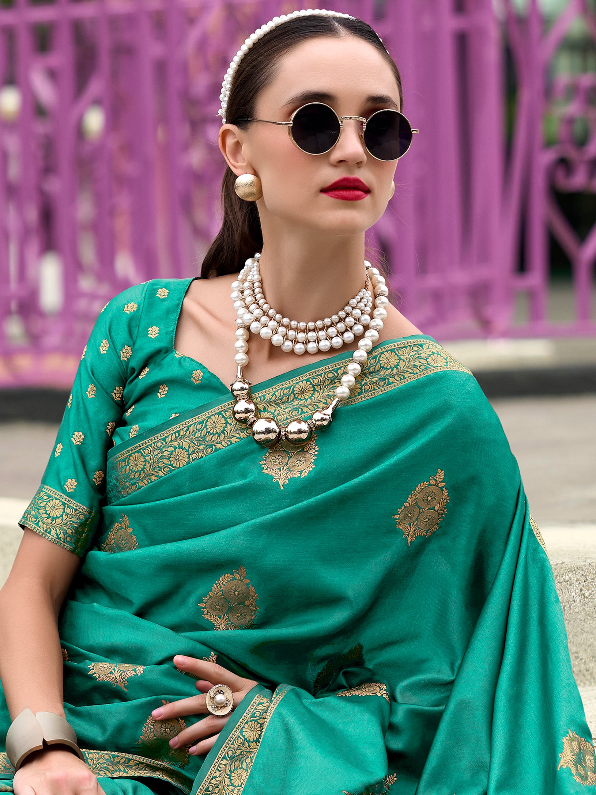 Stunning Teal Green Zari Weaving Satin Event Wear Saree With Blouse