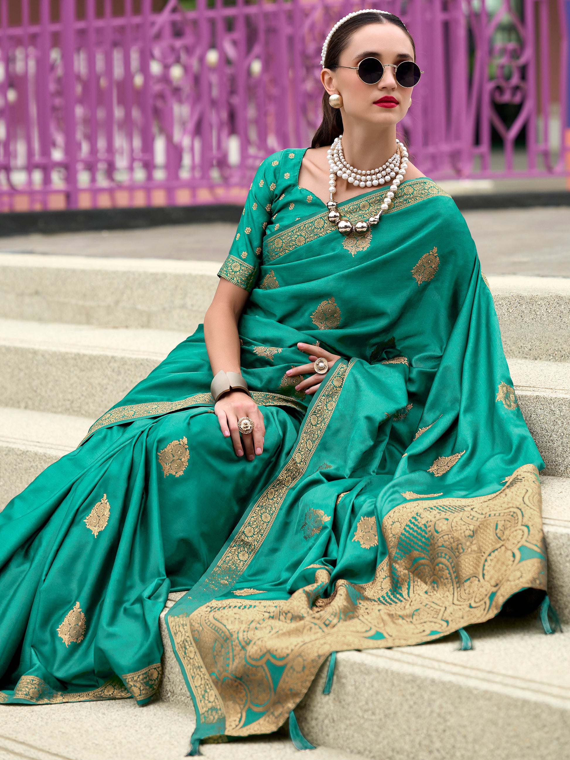 Stunning Teal Green Zari Weaving Satin Event Wear Saree With Blouse