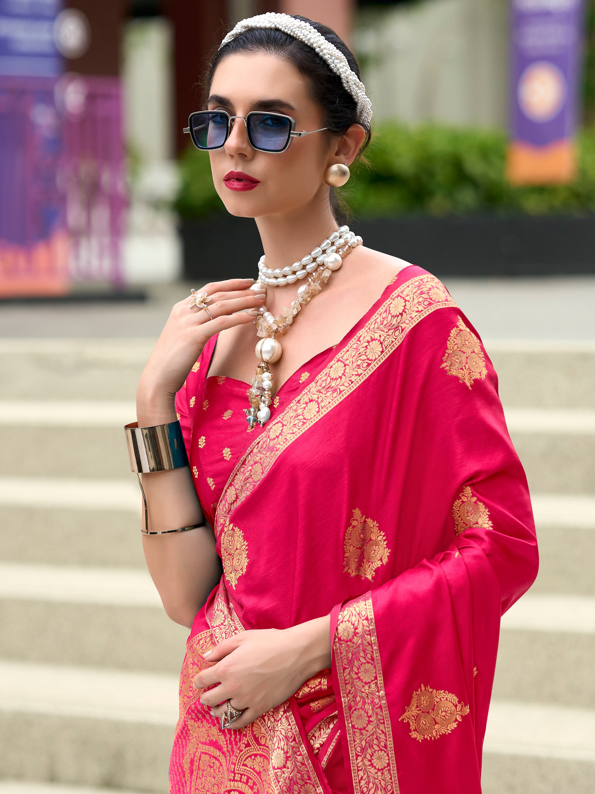 Enchanting Pink Zari Weaving Satin Traditional Saree With Blouse