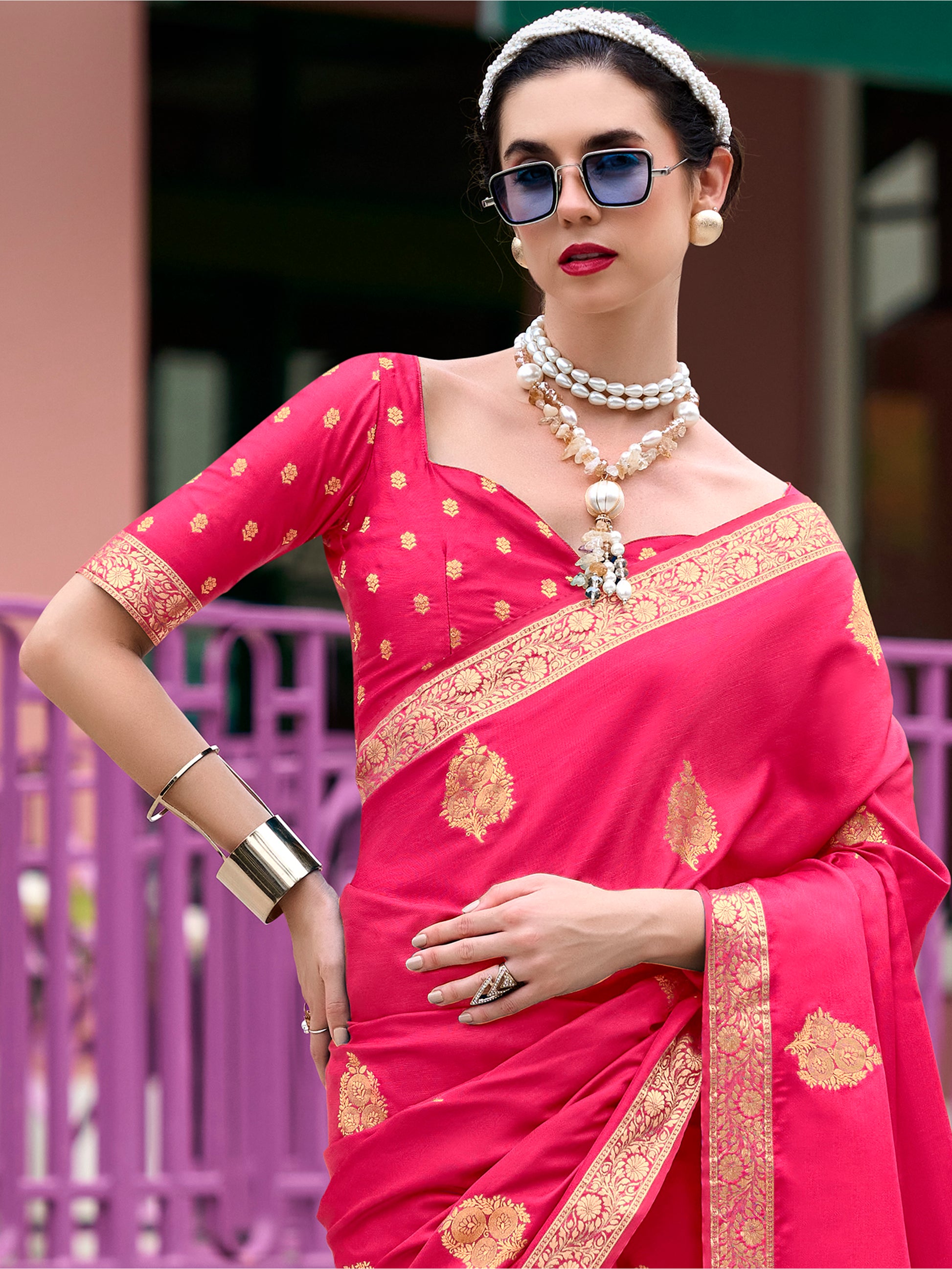 Enchanting Pink Zari Weaving Satin Traditional Saree With Blouse