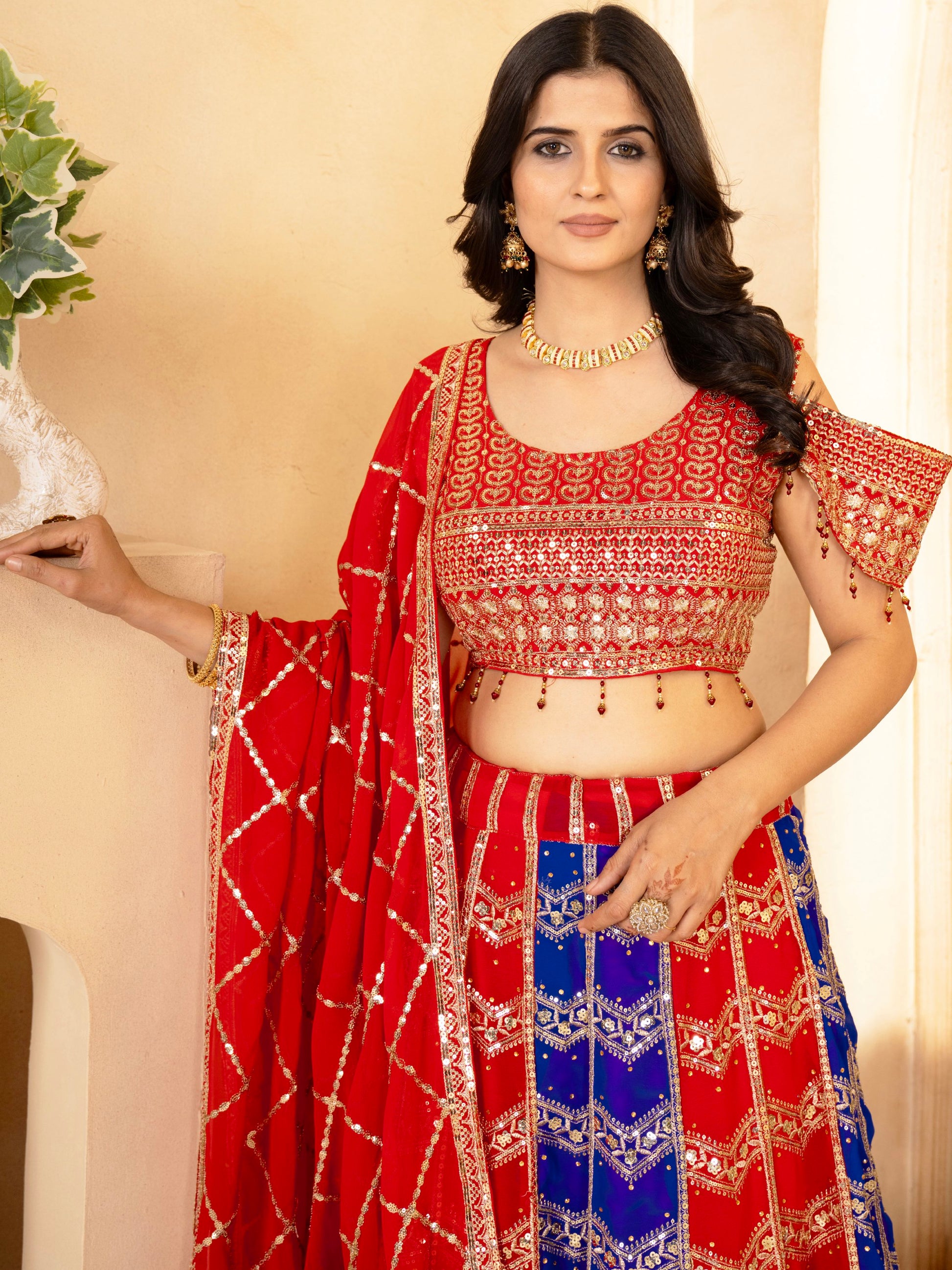 Amazing Red-Blue Sequins Georgette Festive Wear Lehenga Choli With Dupatta