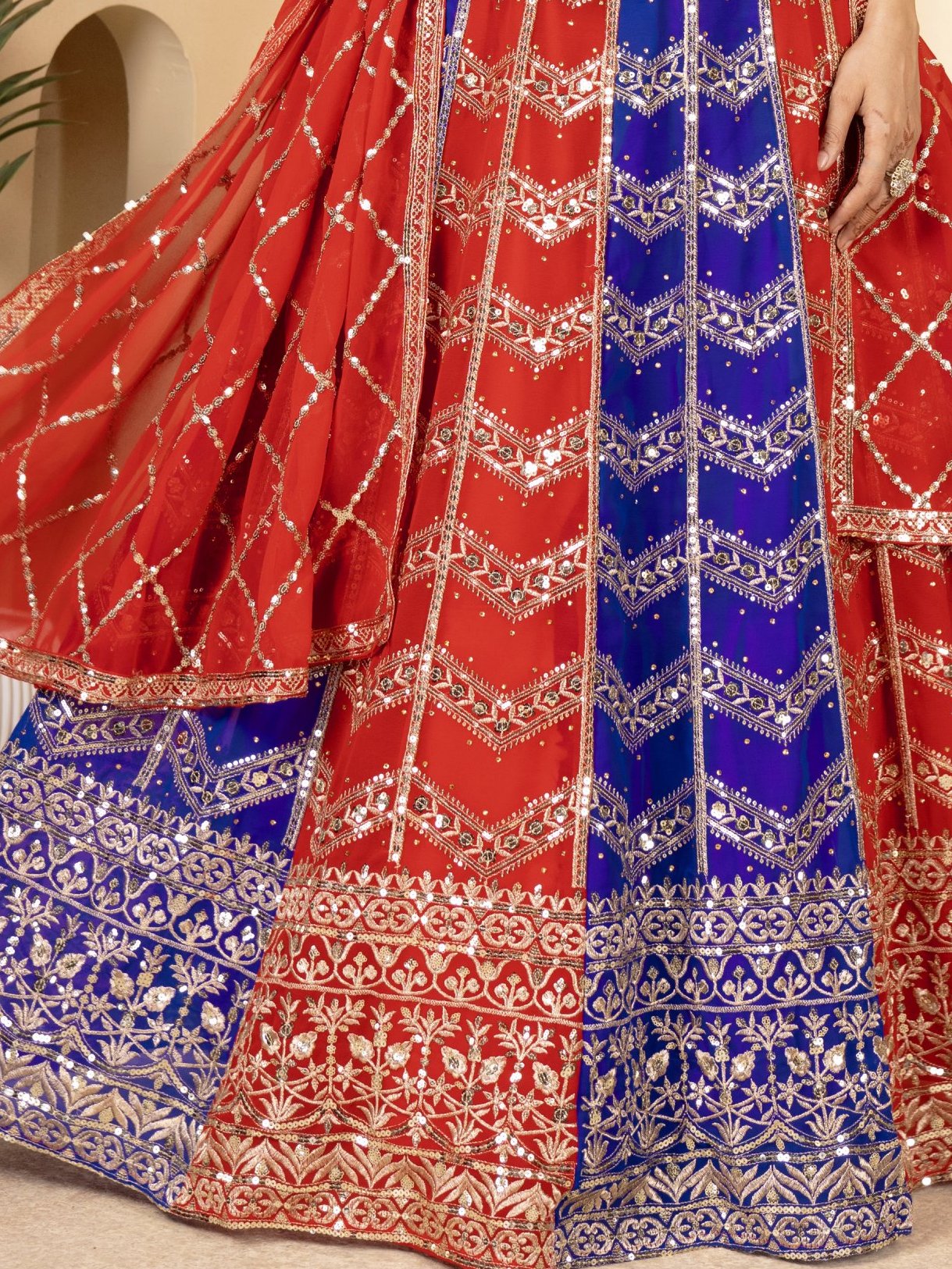 Amazing Red-Blue Sequins Georgette Festive Wear Lehenga Choli With Dupatta