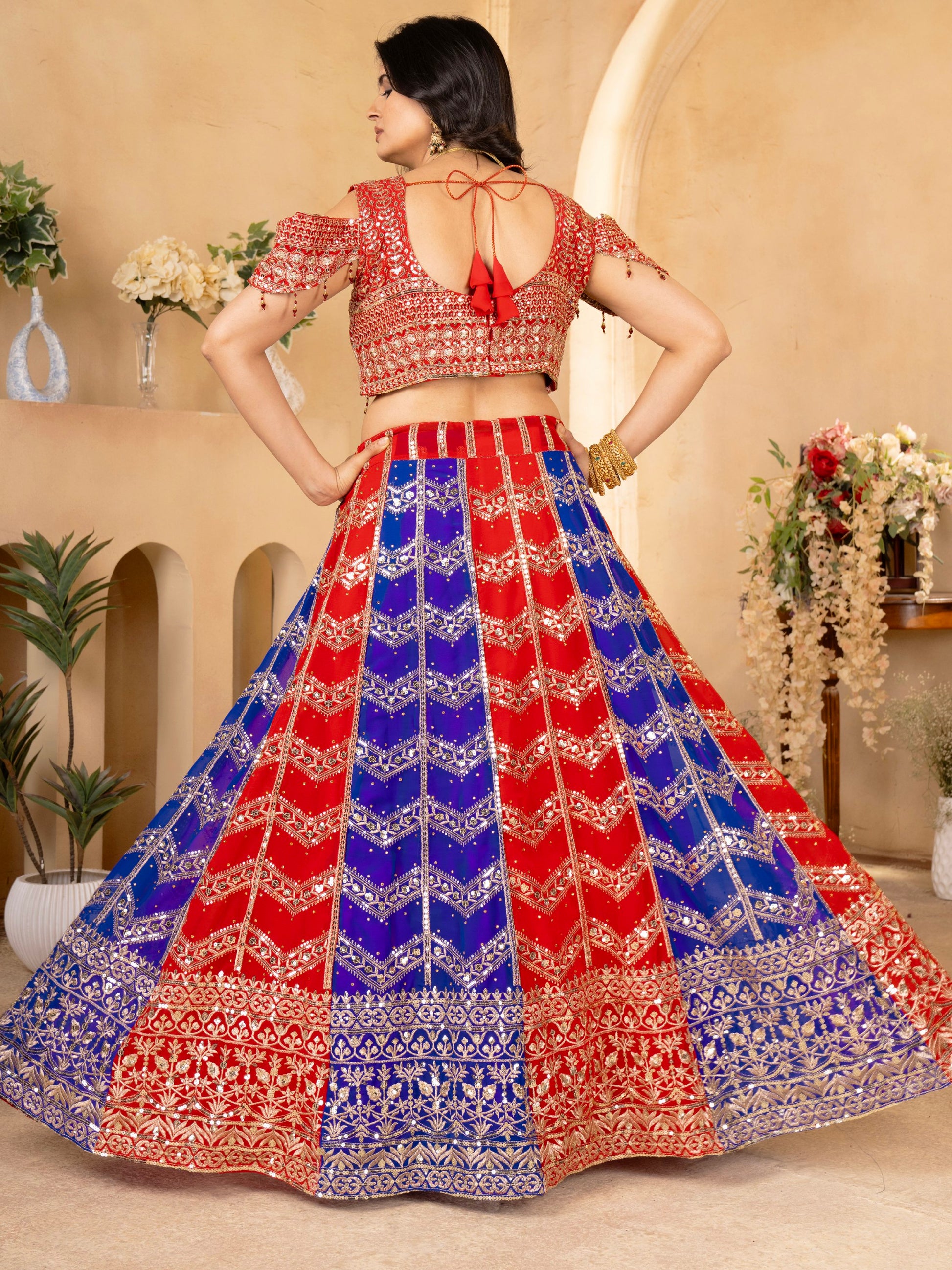 Amazing Red-Blue Sequins Georgette Festive Wear Lehenga Choli With Dupatta