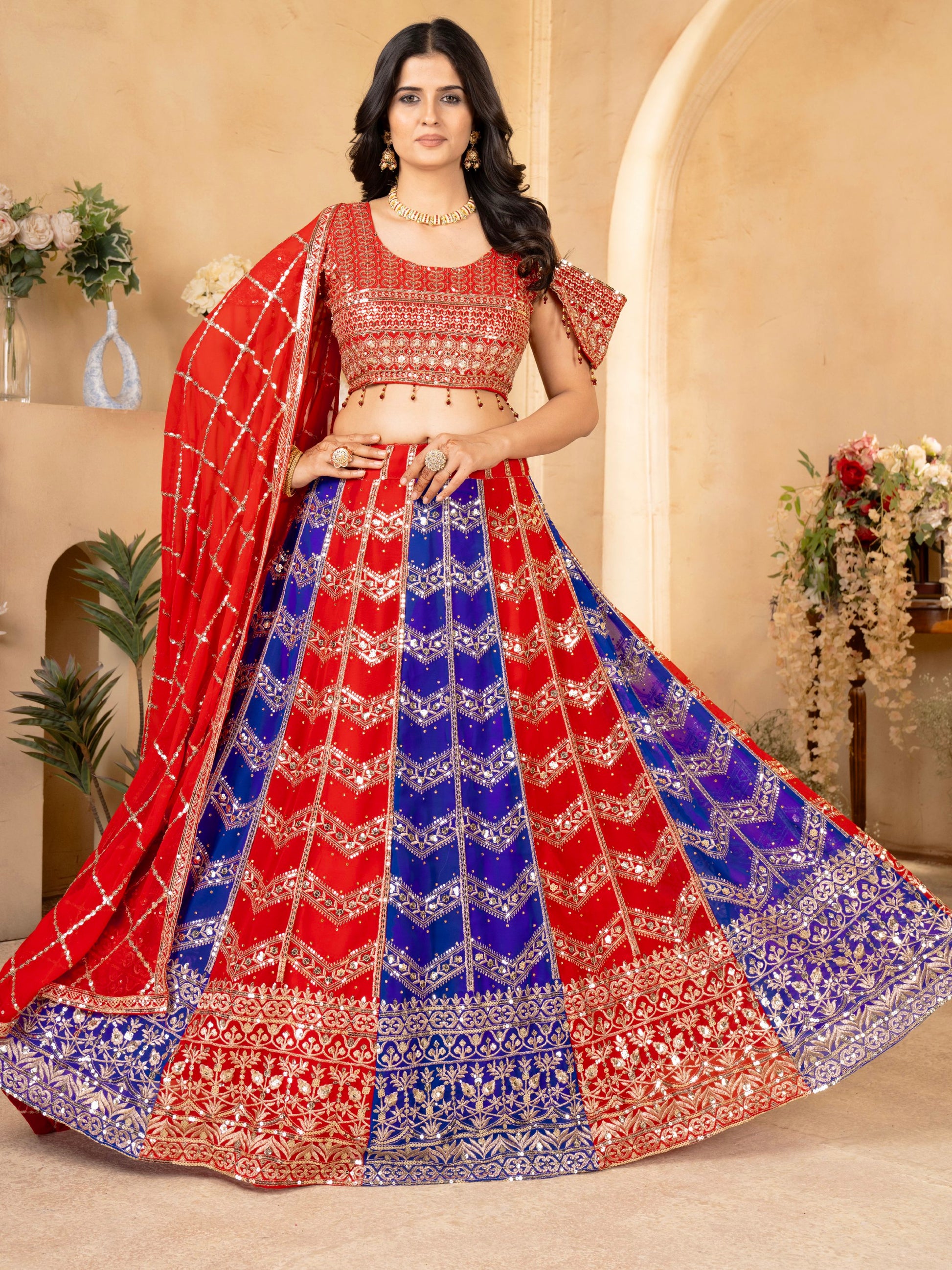 Amazing Red-Blue Sequins Georgette Festive Wear Lehenga Choli With Dupatta