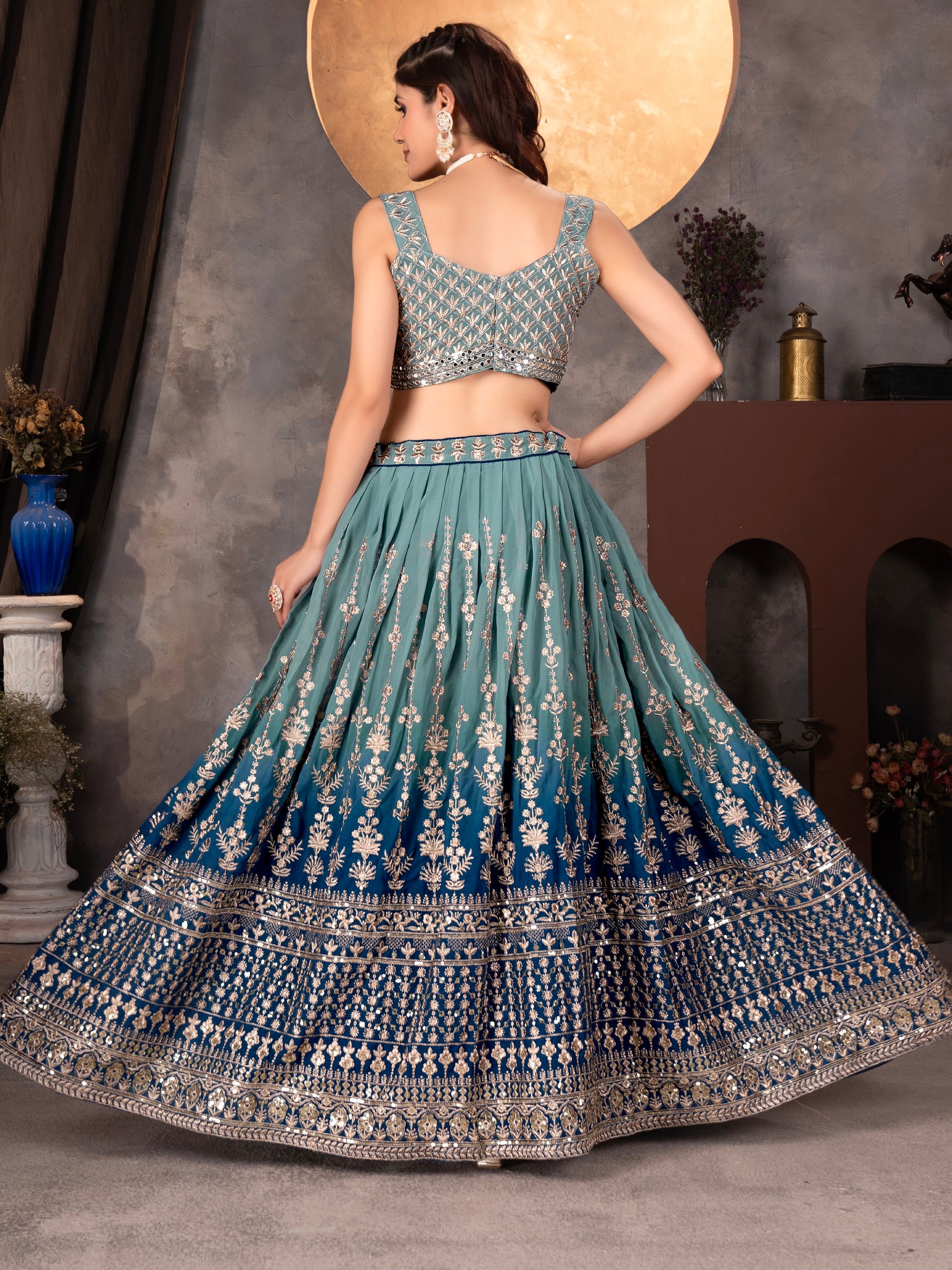 Dreamy Light Blue Sequins Georgette Wedding Wear Lehenga Choli With Dupatta
