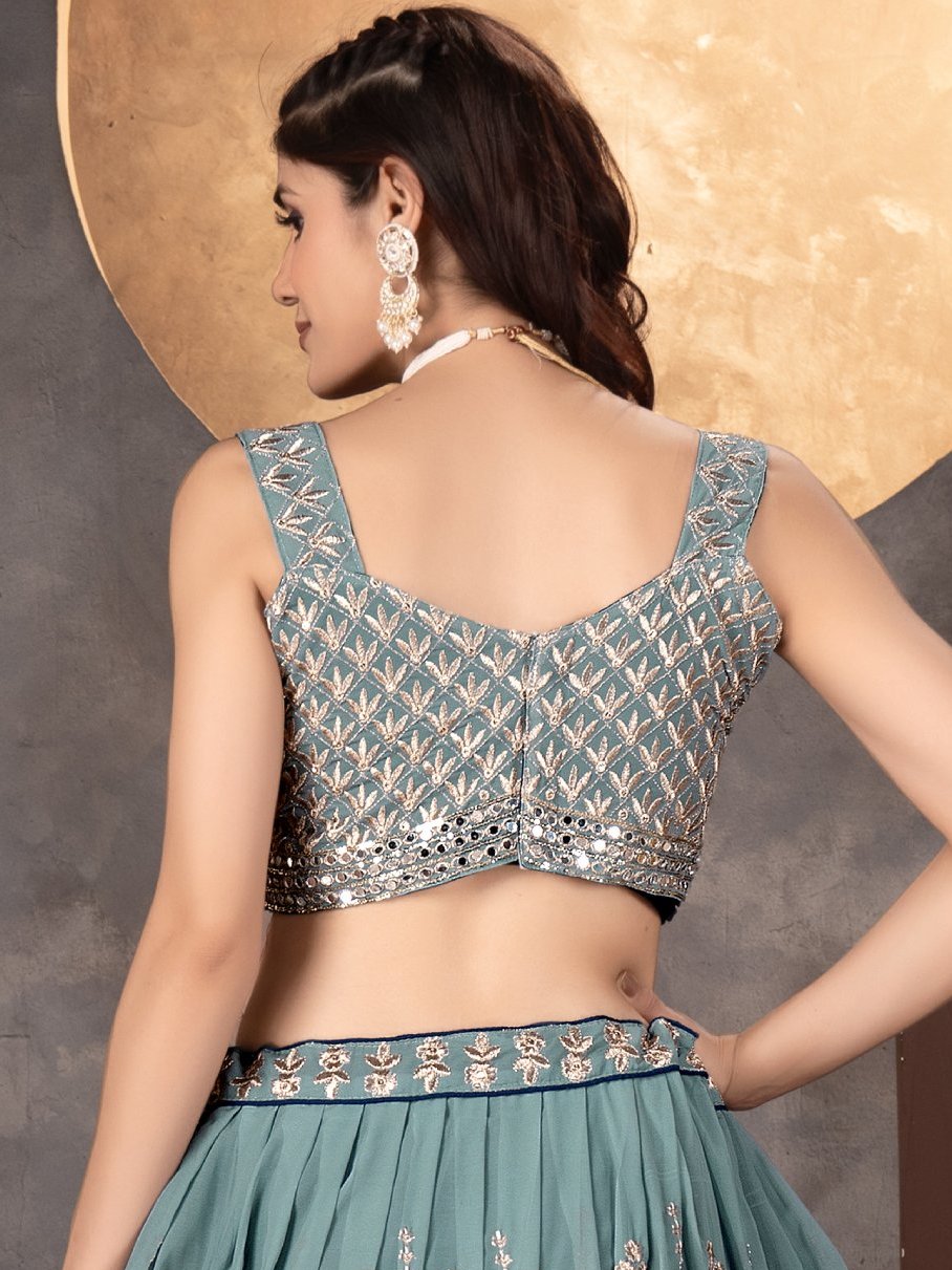 Dreamy Light Blue Sequins Georgette Wedding Wear Lehenga Choli With Dupatta