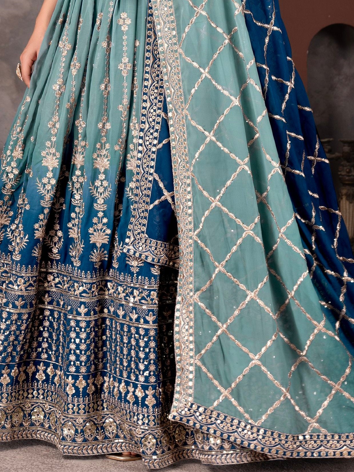 Dreamy Light Blue Sequins Georgette Wedding Wear Lehenga Choli With Dupatta