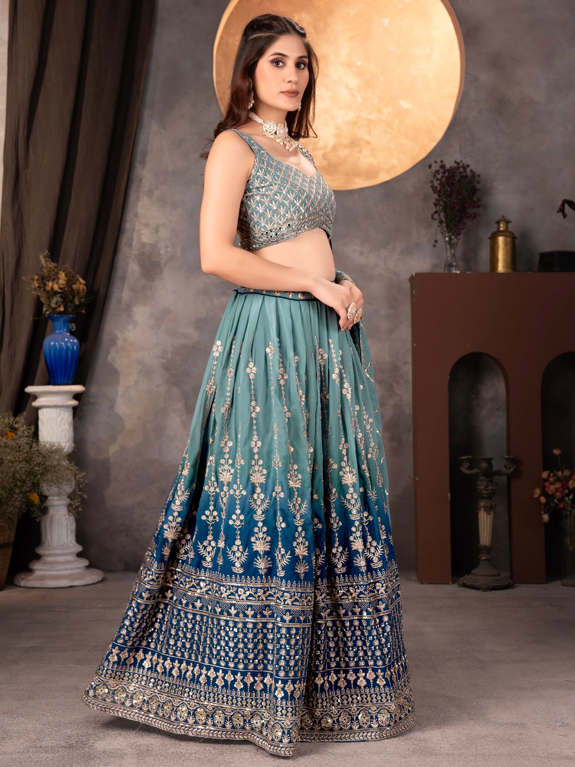 Dreamy Light Blue Sequins Georgette Wedding Wear Lehenga Choli With Dupatta