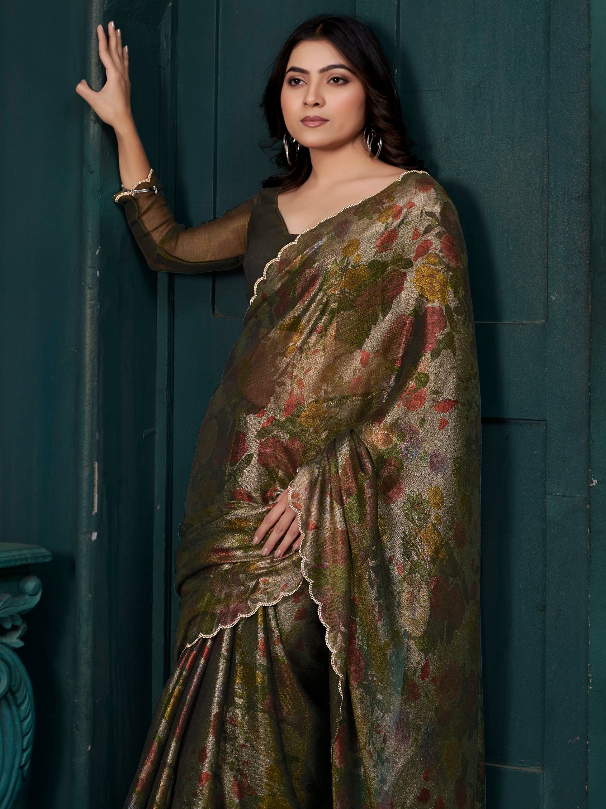 Stunning Olive Green Foil Work Silk Party Wear Saree With Blouse