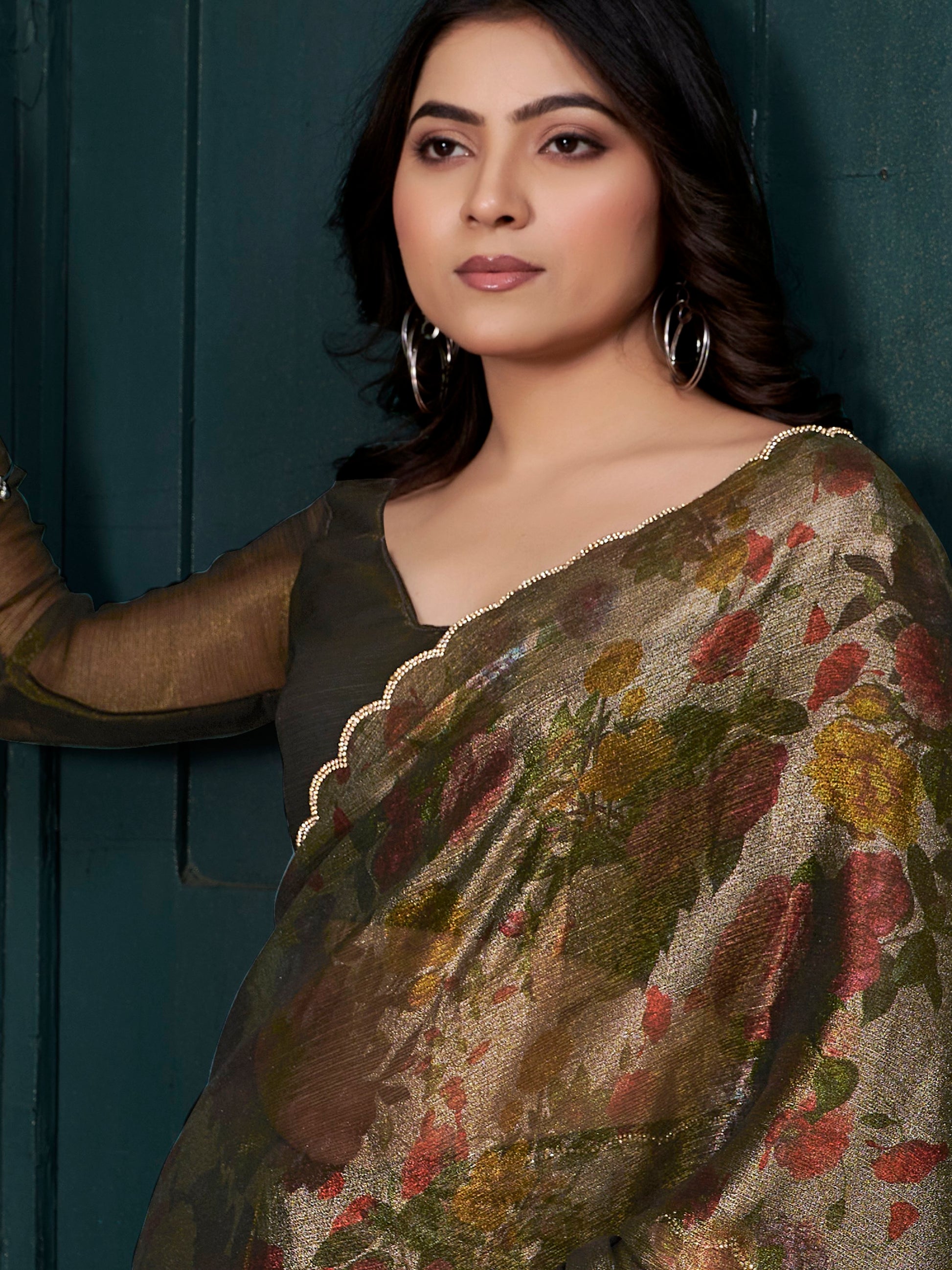 Stunning Olive Green Foil Work Silk Party Wear Saree With Blouse