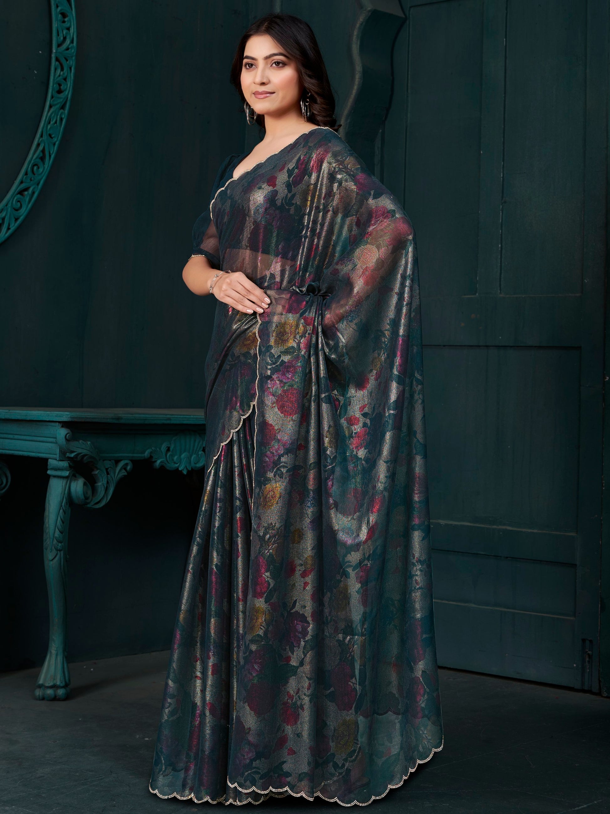 Captivating Teal Blue Foil Printed Silk Festive Wear Saree With Blouse