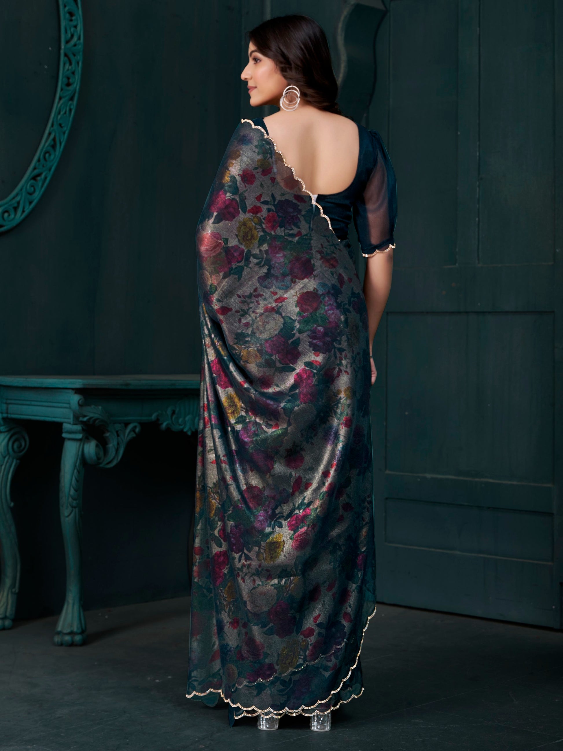 Captivating Teal Blue Foil Printed Silk Festive Wear Saree With Blouse