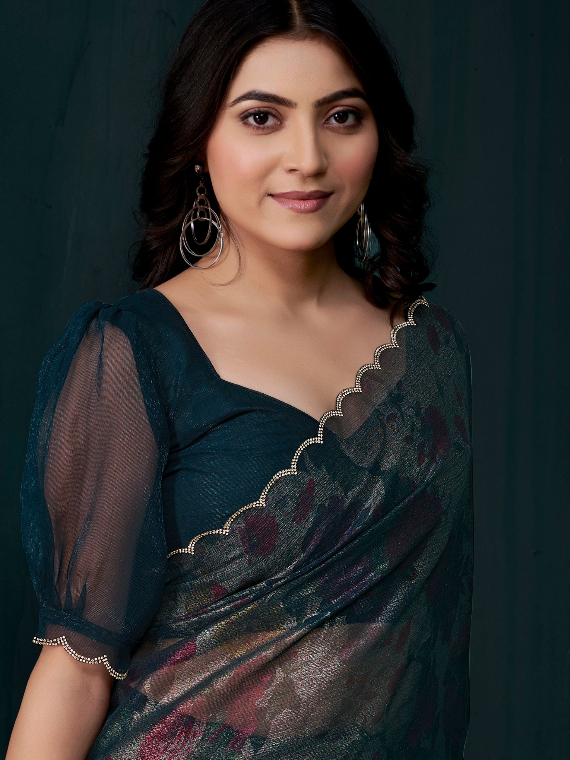 Captivating Teal Blue Foil Printed Silk Festive Wear Saree With Blouse