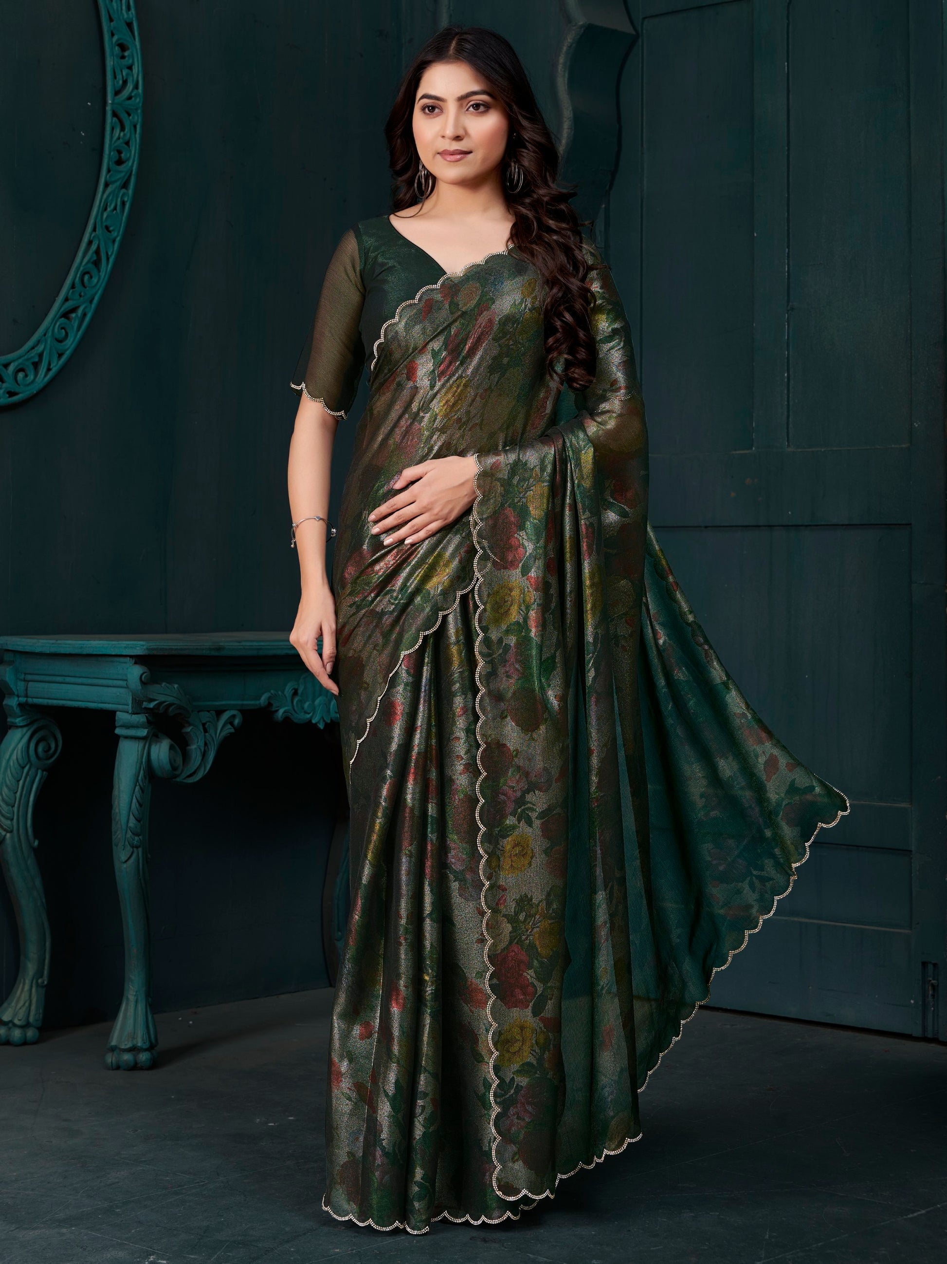 Charming Green Floral Printed Silk Designer Saree With Blouse
