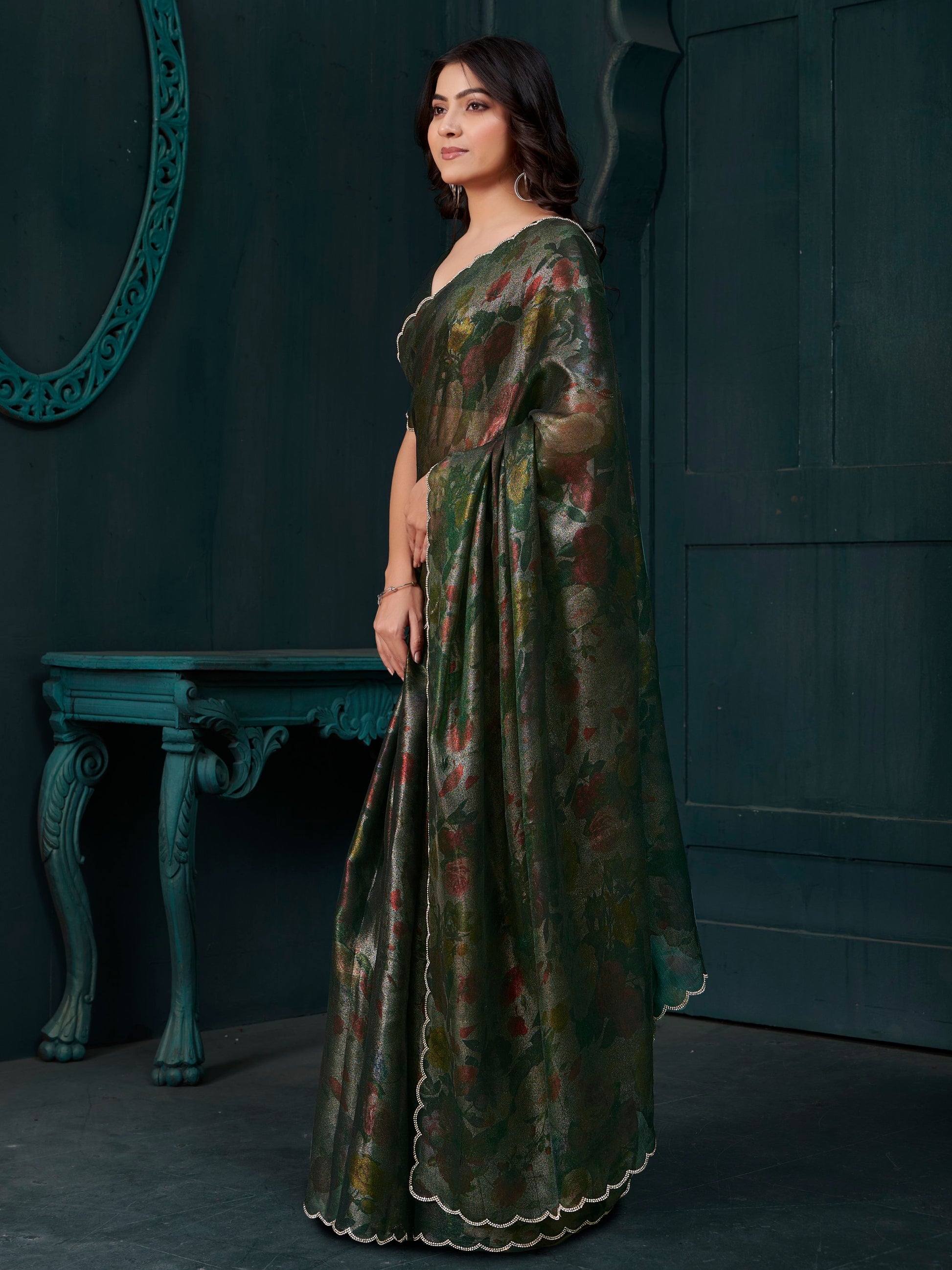 Charming Green Floral Printed Silk Designer Saree With Blouse