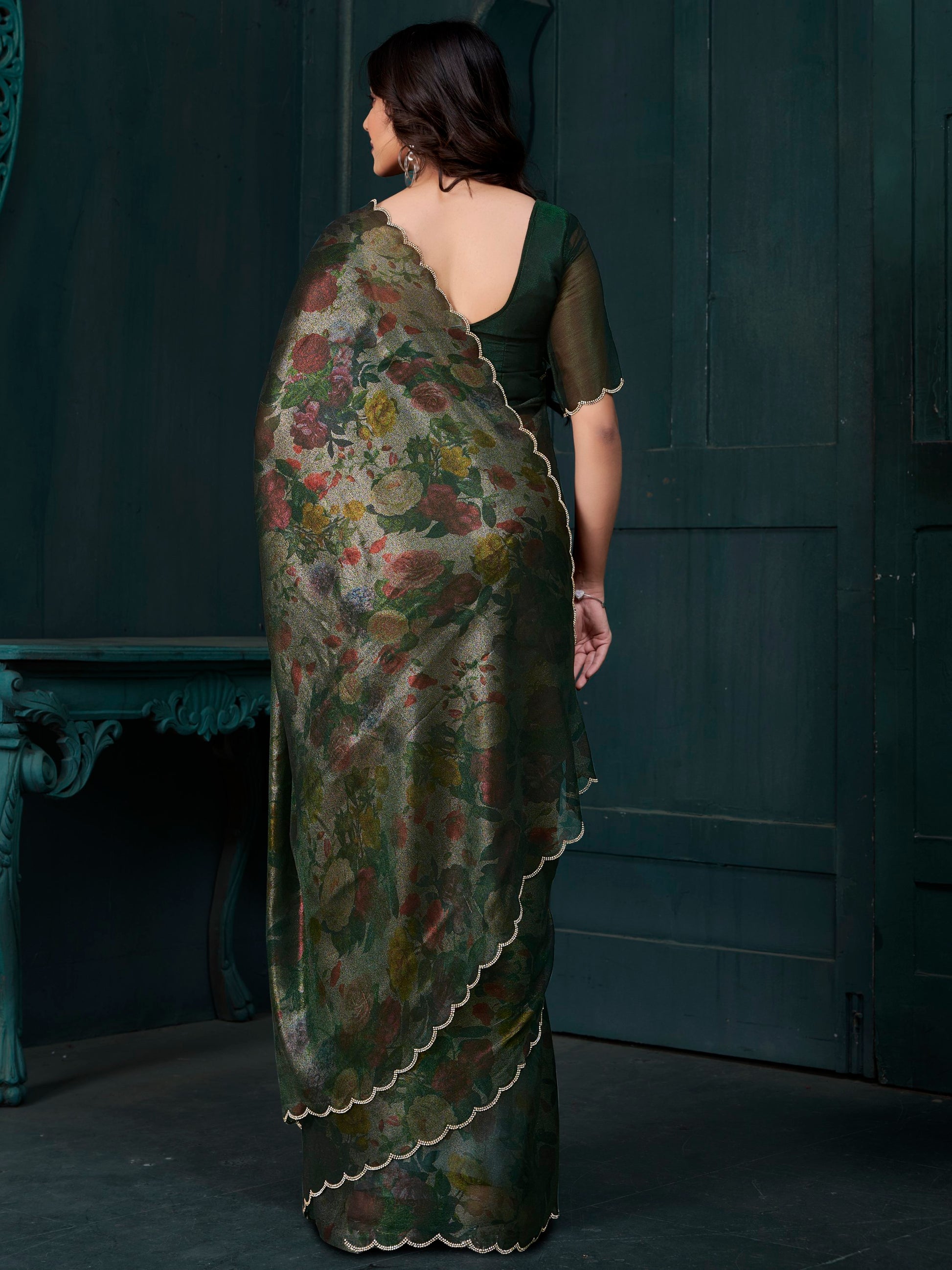 Charming Green Floral Printed Silk Designer Saree With Blouse