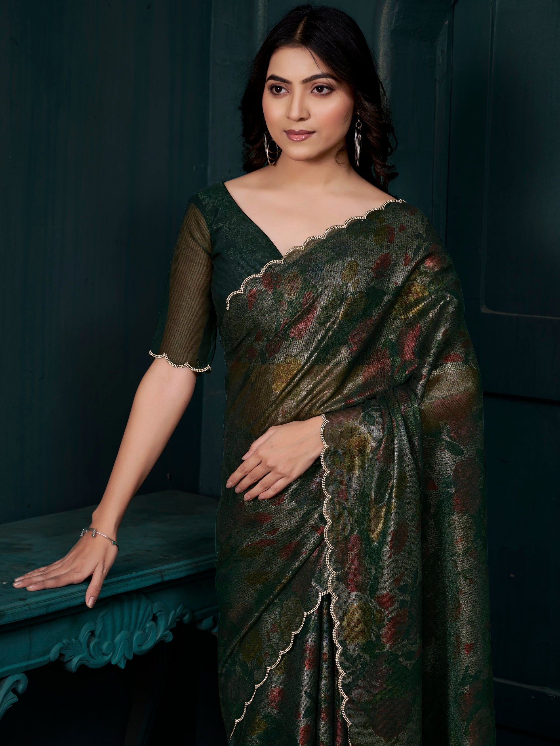 Charming Green Floral Printed Silk Designer Saree With Blouse