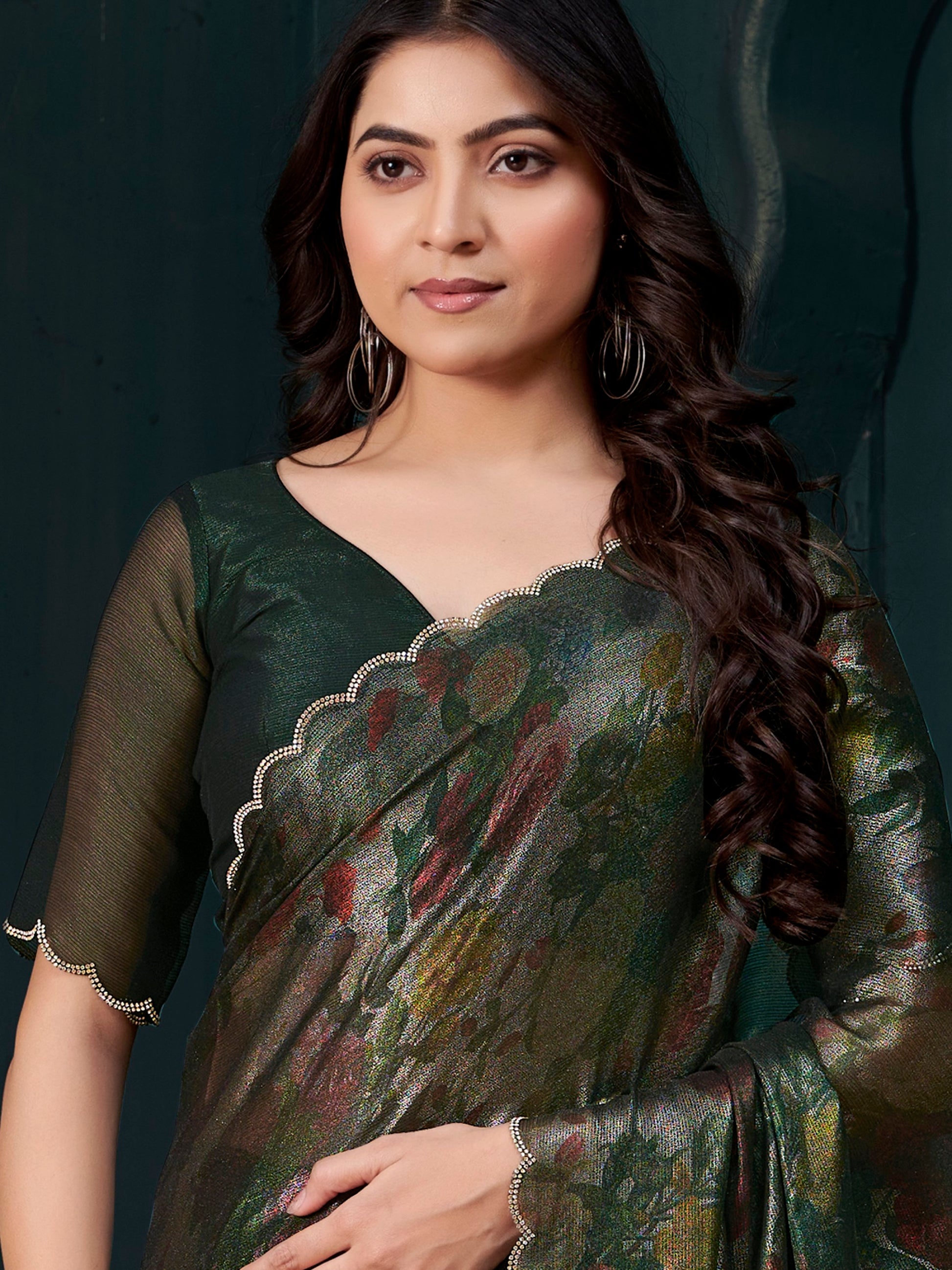 Charming Green Floral Printed Silk Designer Saree With Blouse