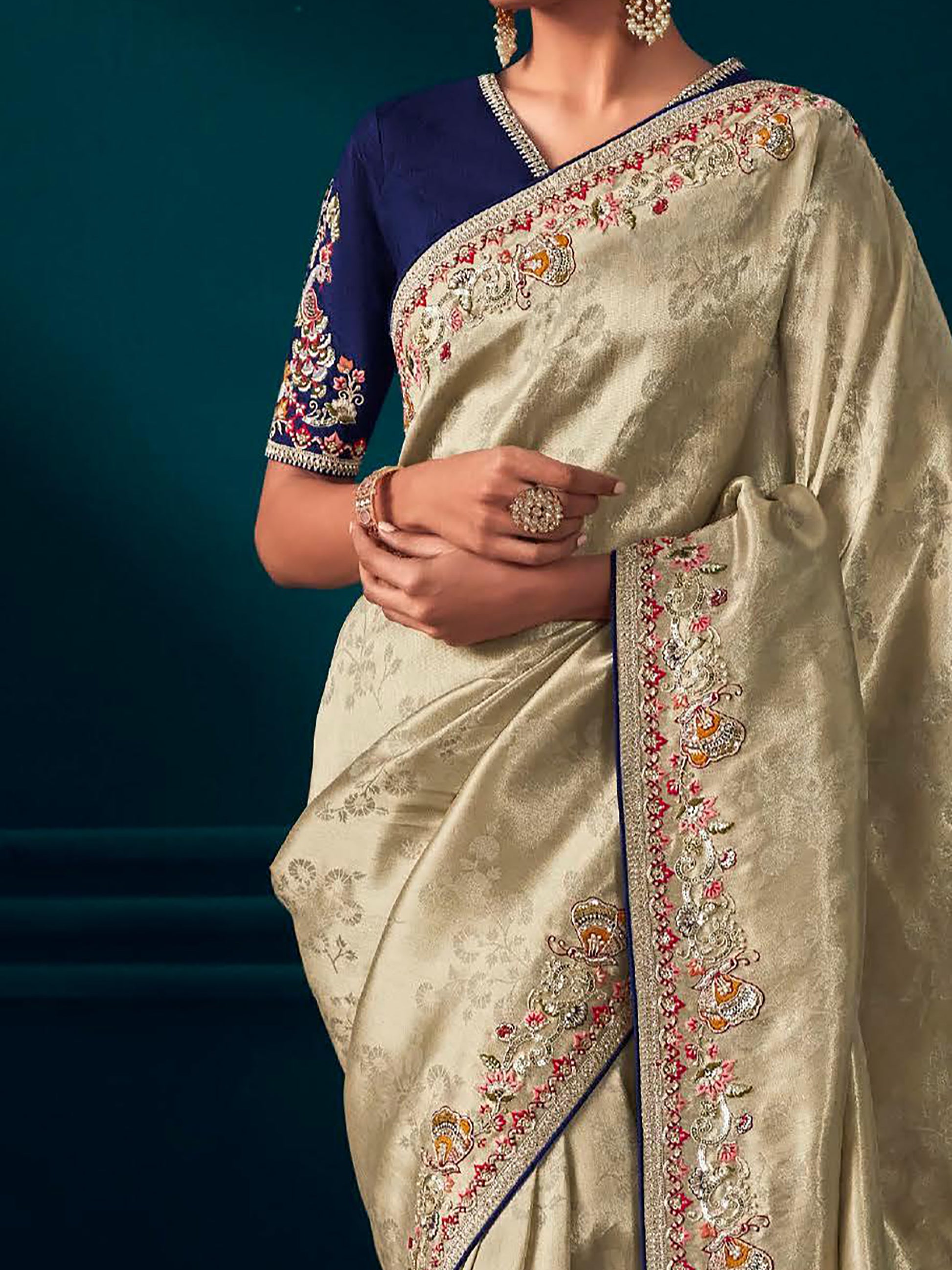 Fantastic Beige Embroidered Kanjivaram Silk Wedding Wear Saree