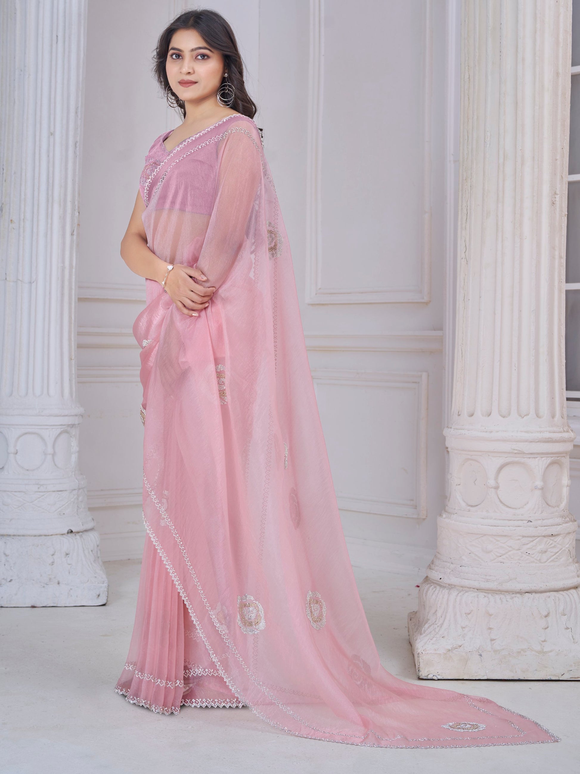 Pretty Baby Pink Jarkan Work Organza Designer Saree With Blouse