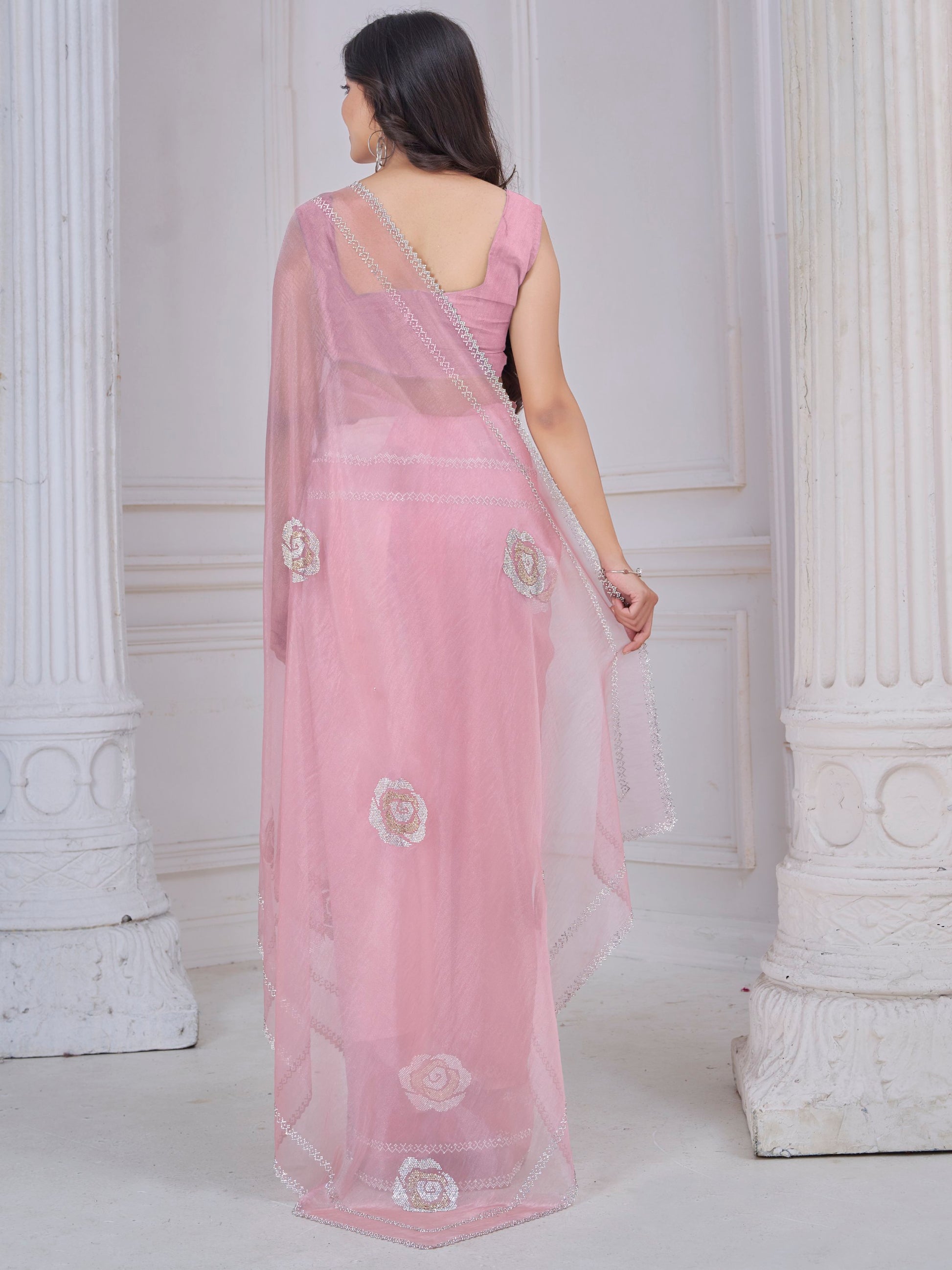 Pretty Baby Pink Jarkan Work Organza Designer Saree With Blouse