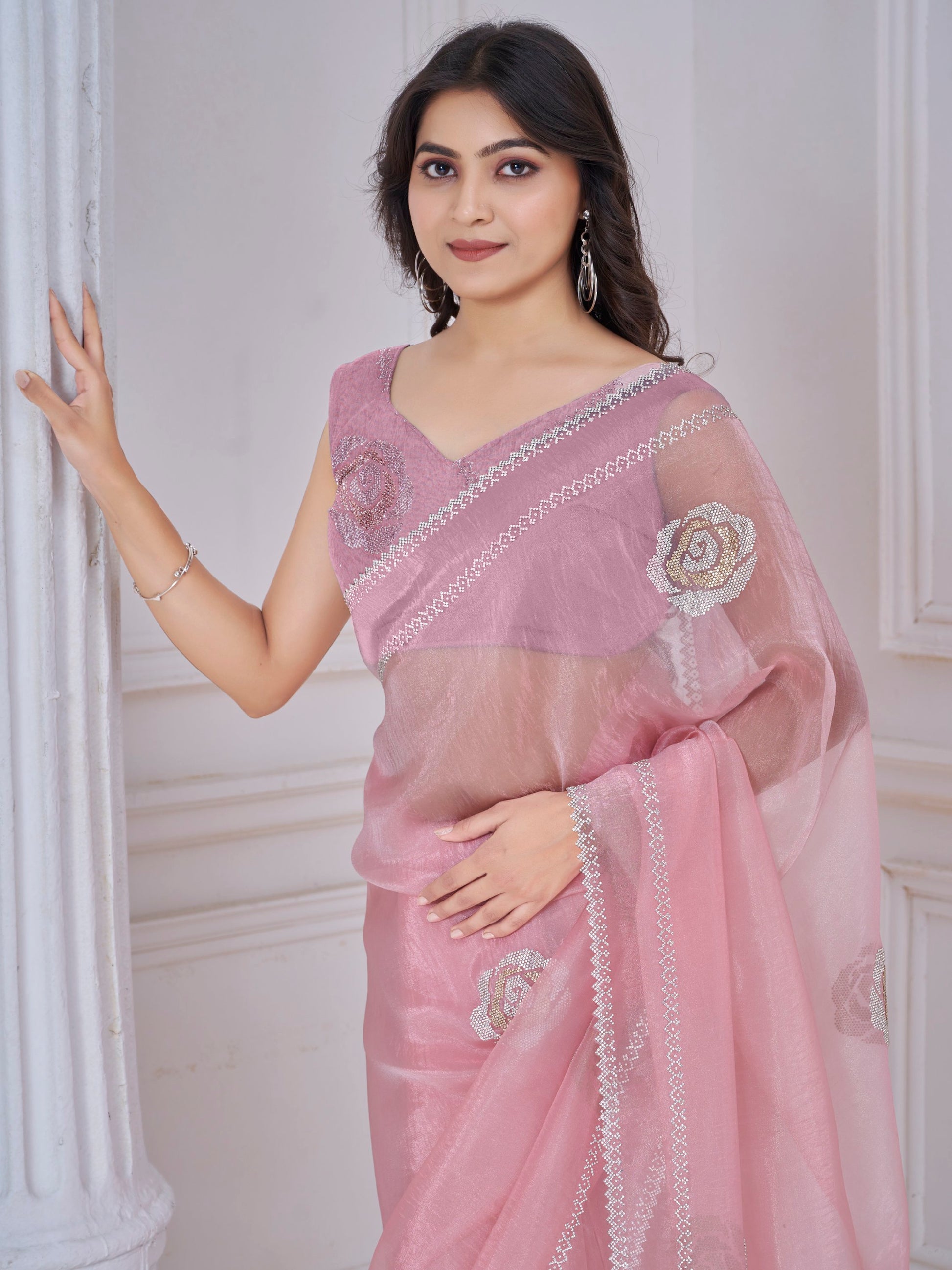 Pretty Baby Pink Jarkan Work Organza Designer Saree With Blouse