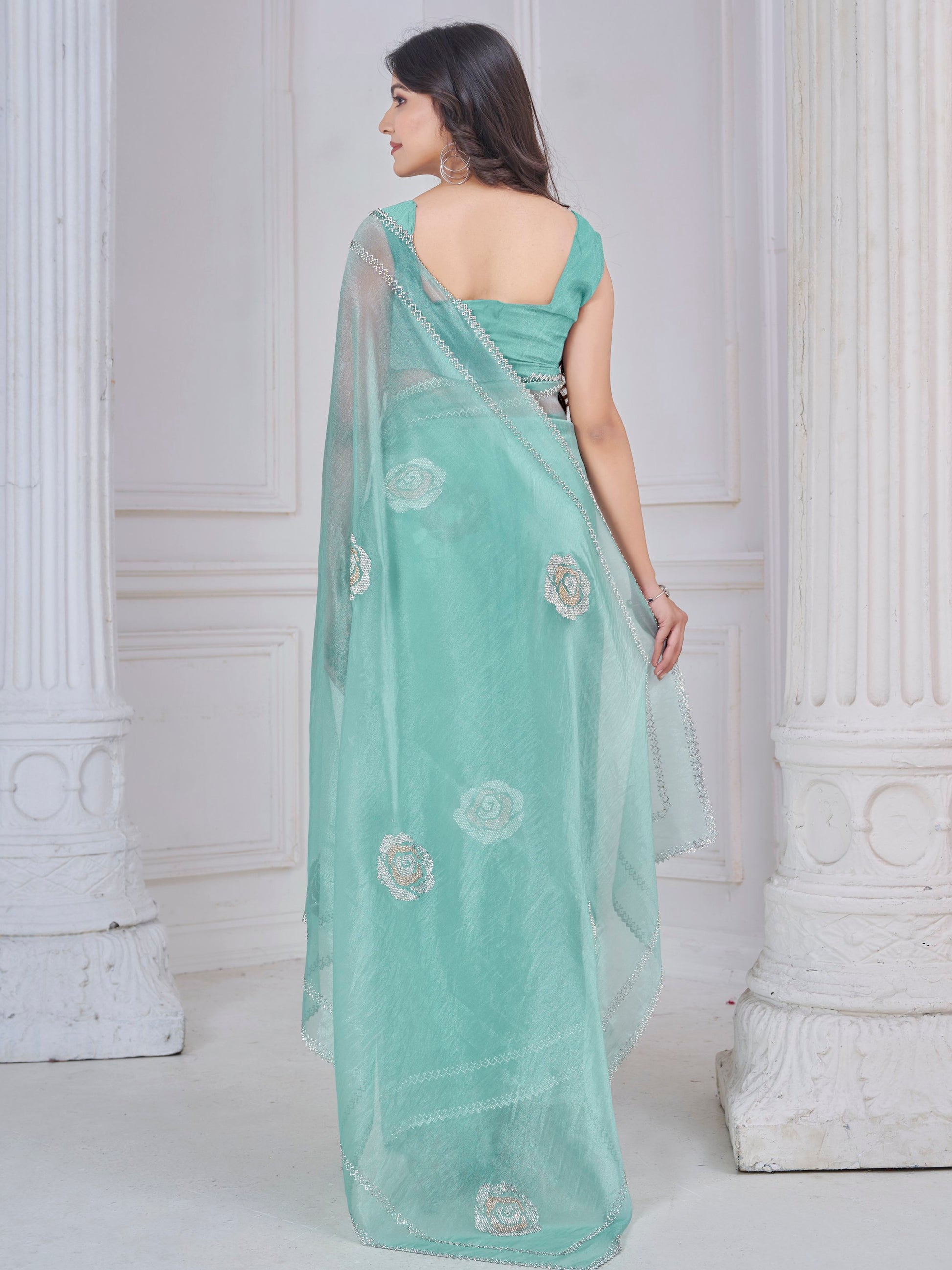 Beautiful Sea Green Jarkan Work Organza Party Wear Saree With Blouse