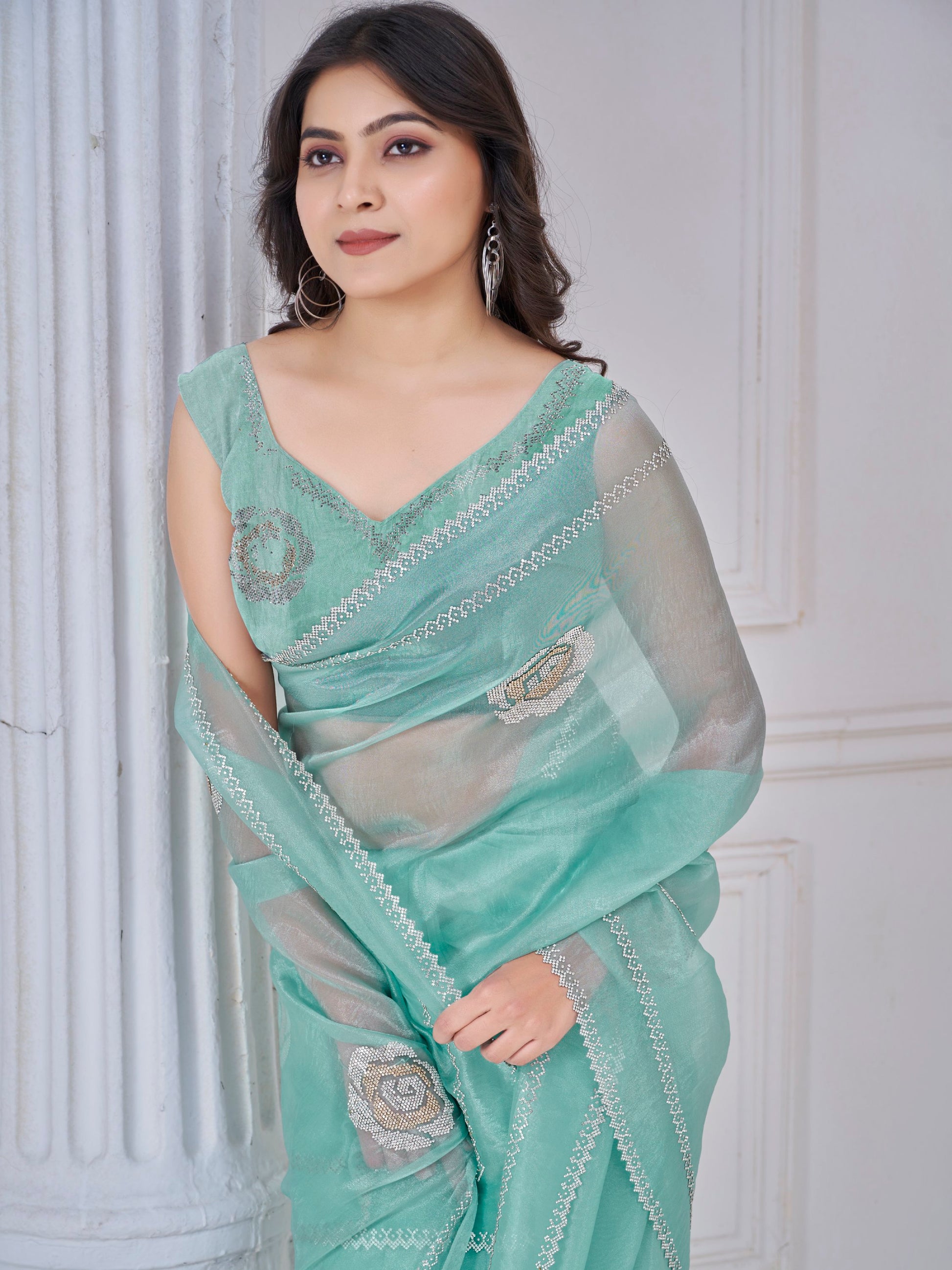 Beautiful Sea Green Jarkan Work Organza Party Wear Saree With Blouse
