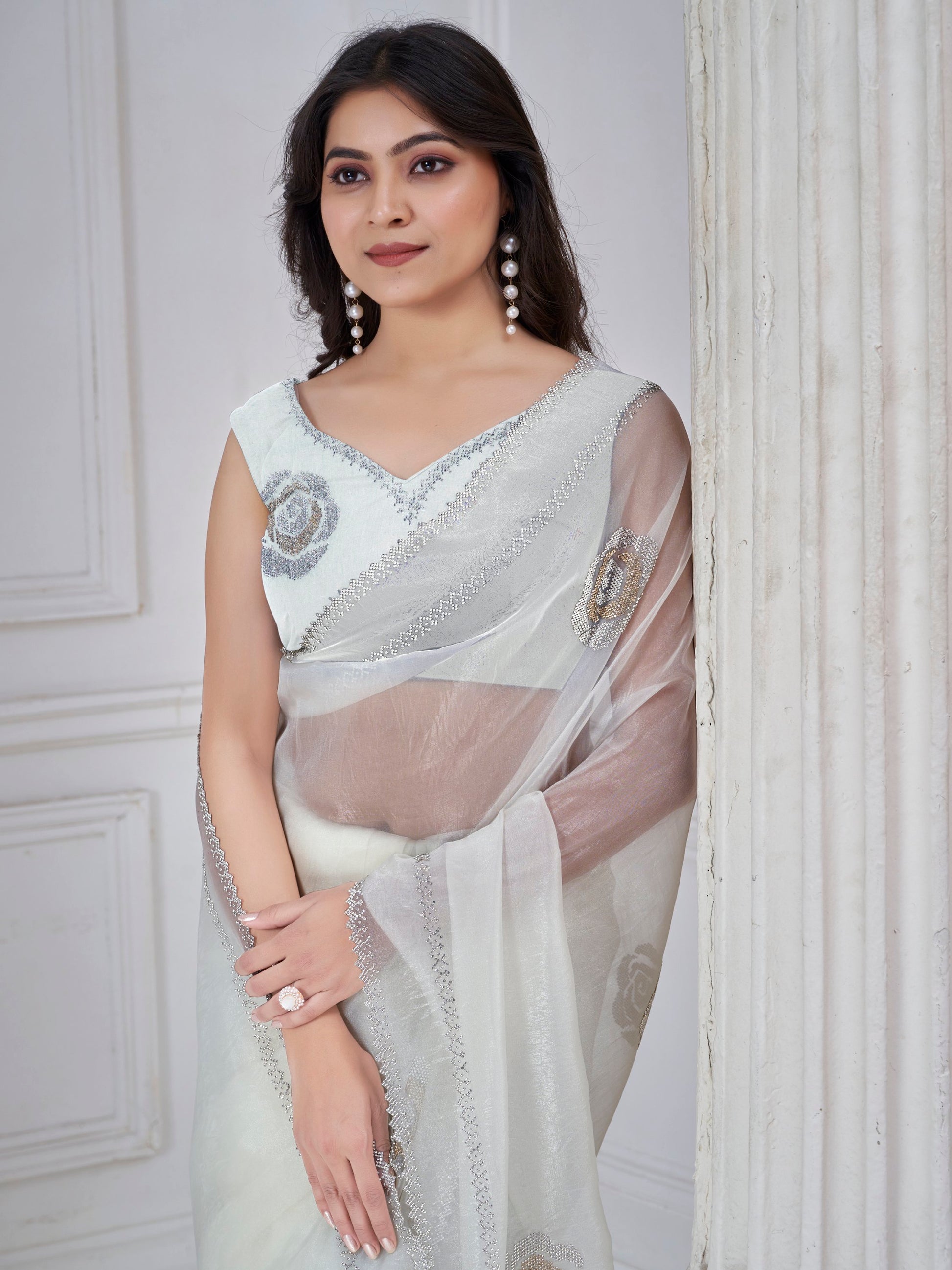 Magnetic White Jarkan Work Organza Event Wear Saree With Blouse