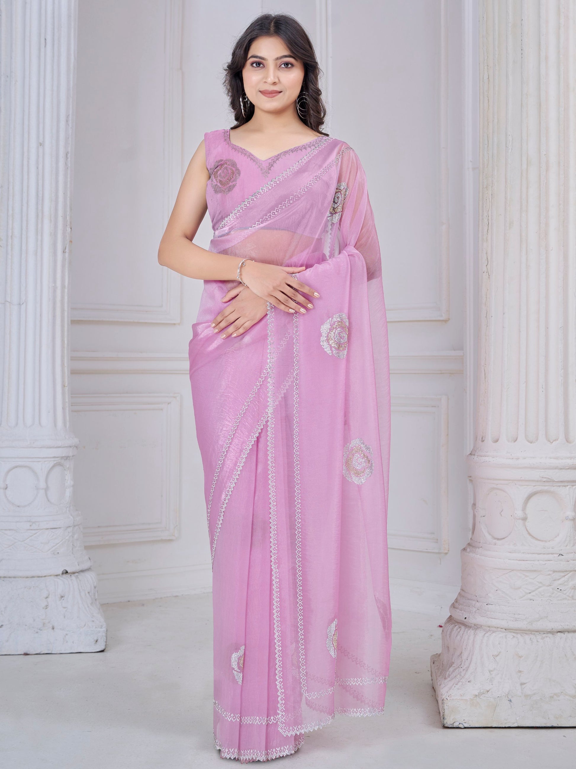 Pretty Pink Jarkan Work Organza Evening Wear Saree With Blouse