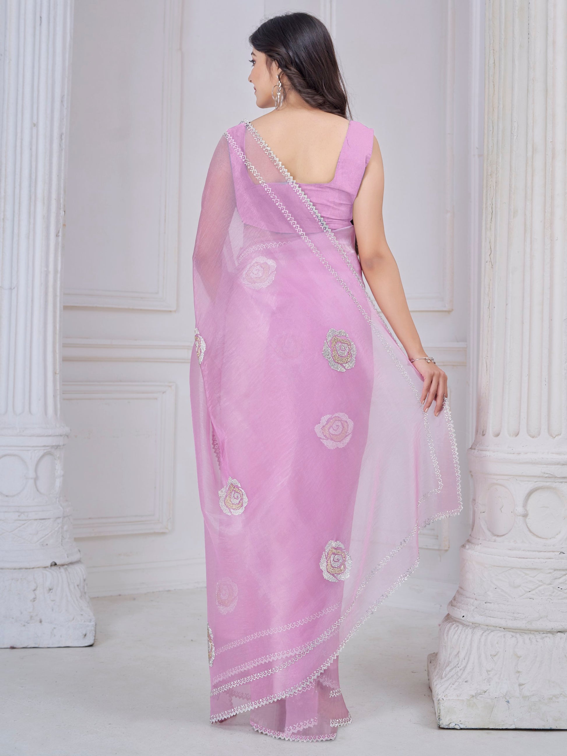 Pretty Pink Jarkan Work Organza Evening Wear Saree With Blouse