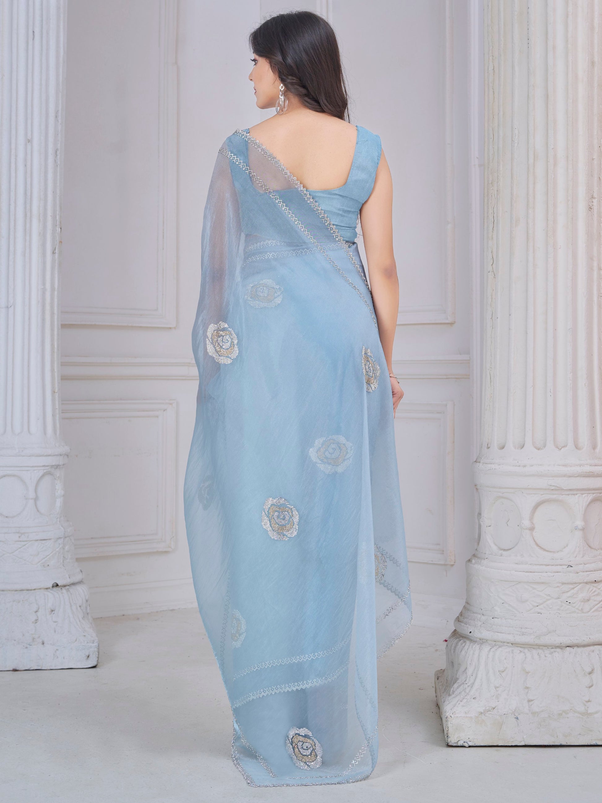 Beautiful Sky Blue Jarkan Work Organza Party Wear Saree With Blouse