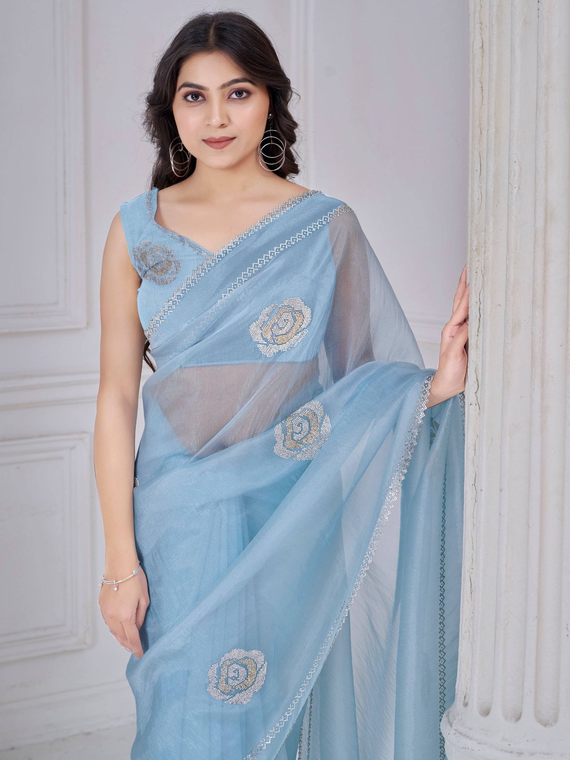 Beautiful Sky Blue Jarkan Work Organza Party Wear Saree With Blouse