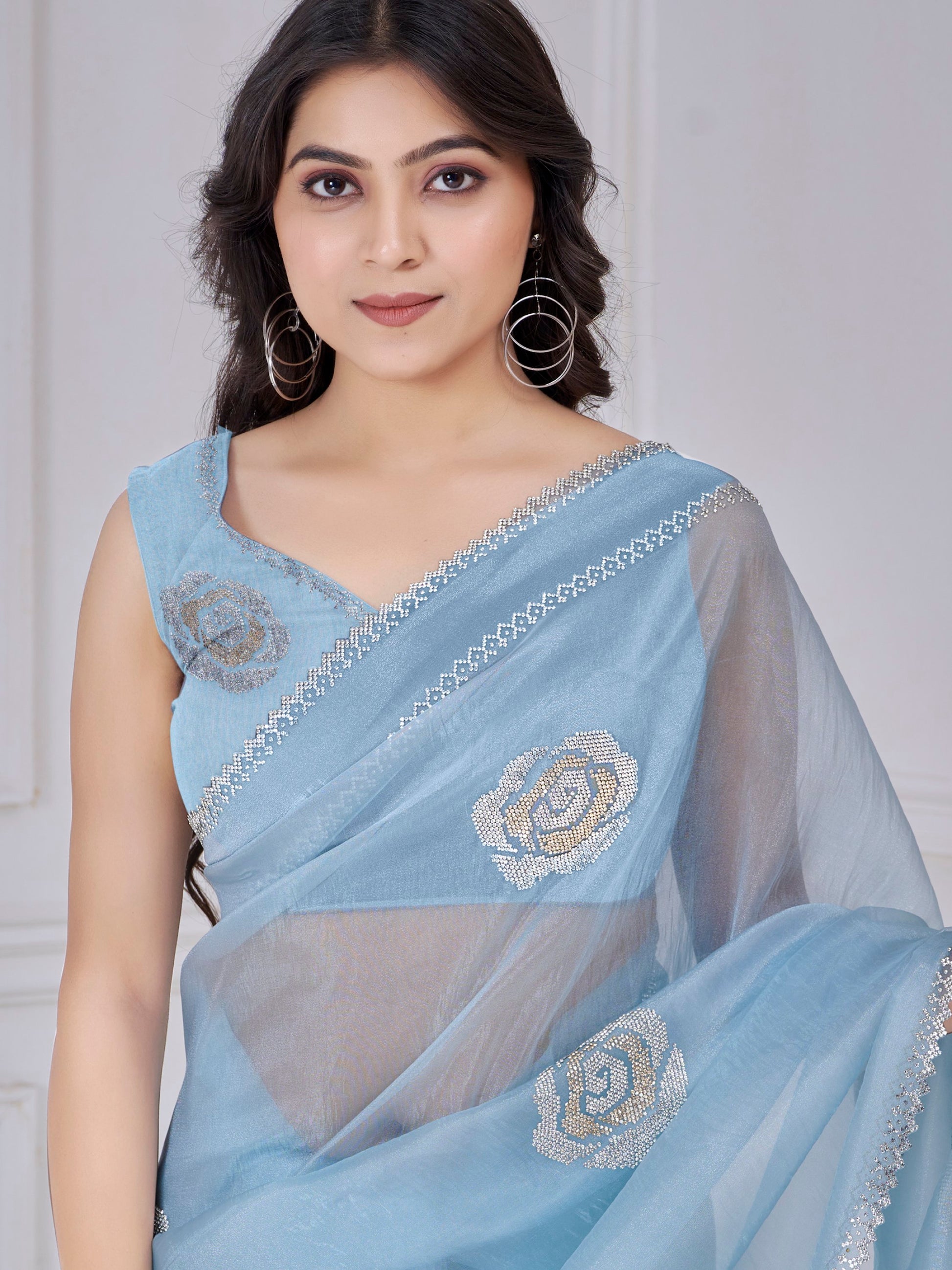 Beautiful Sky Blue Jarkan Work Organza Party Wear Saree With Blouse