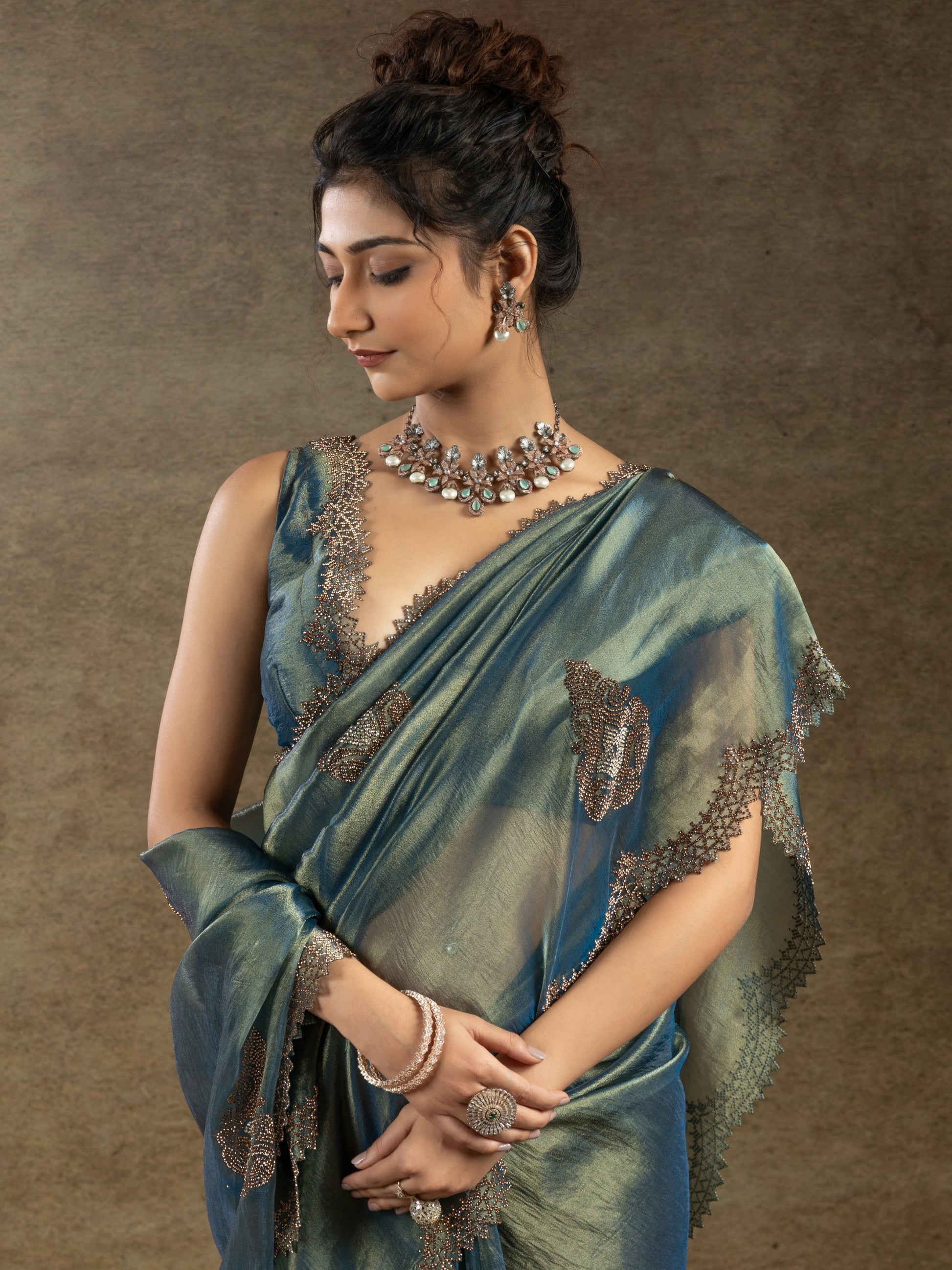 Stunning Blue Organza Party Wear Saree With Heavy Jarkan Work Blouse