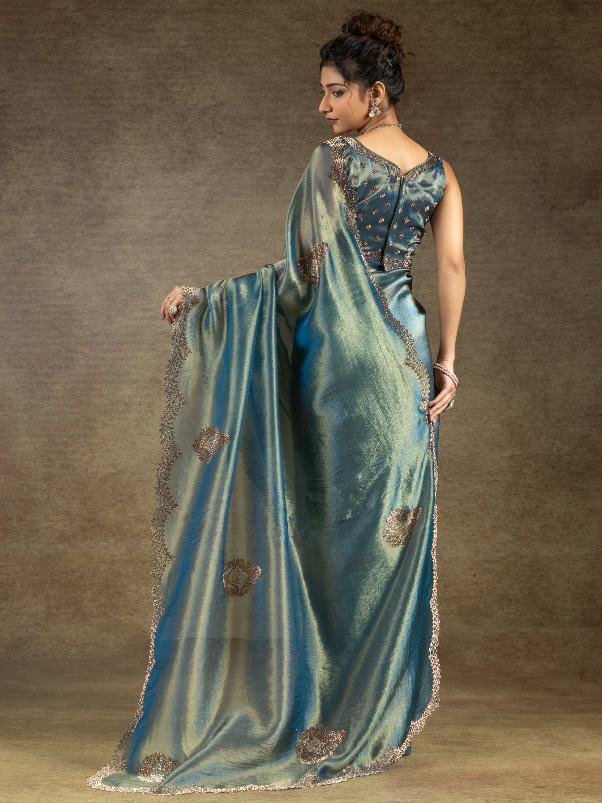 Stunning Blue Organza Party Wear Saree With Heavy Jarkan Work Blouse