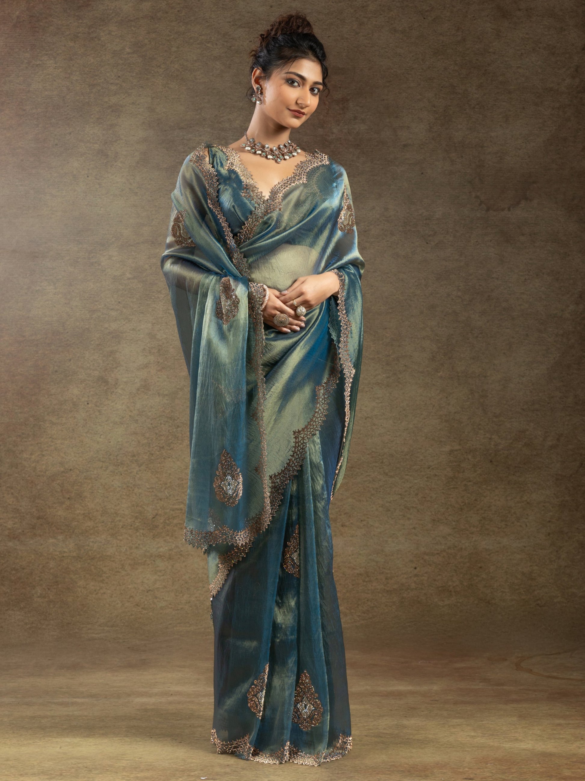 Stunning Blue Organza Party Wear Saree With Heavy Jarkan Work Blouse