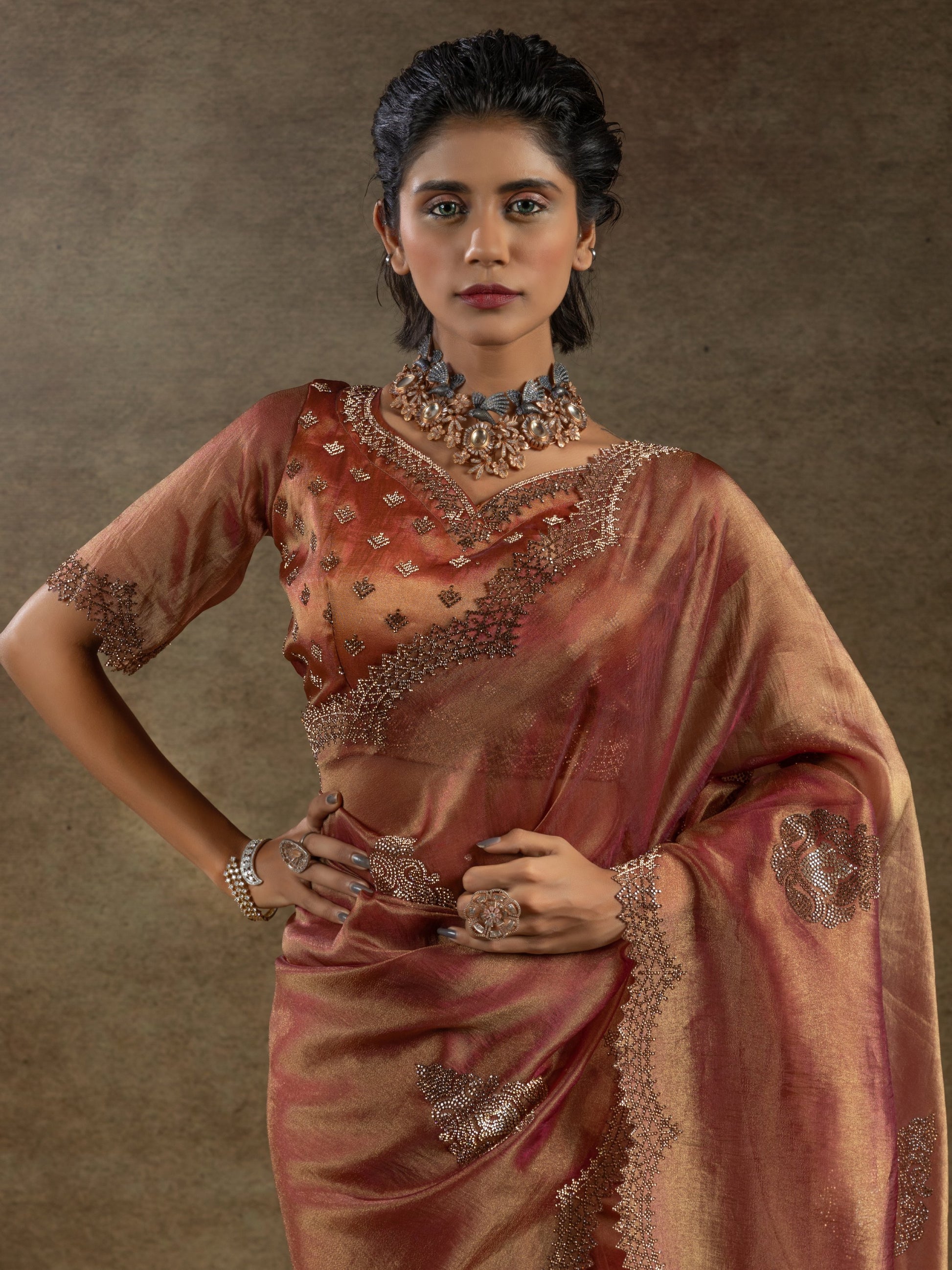 Gorgeous Orange Jarkan Work Organza Designer Saree With Blouse