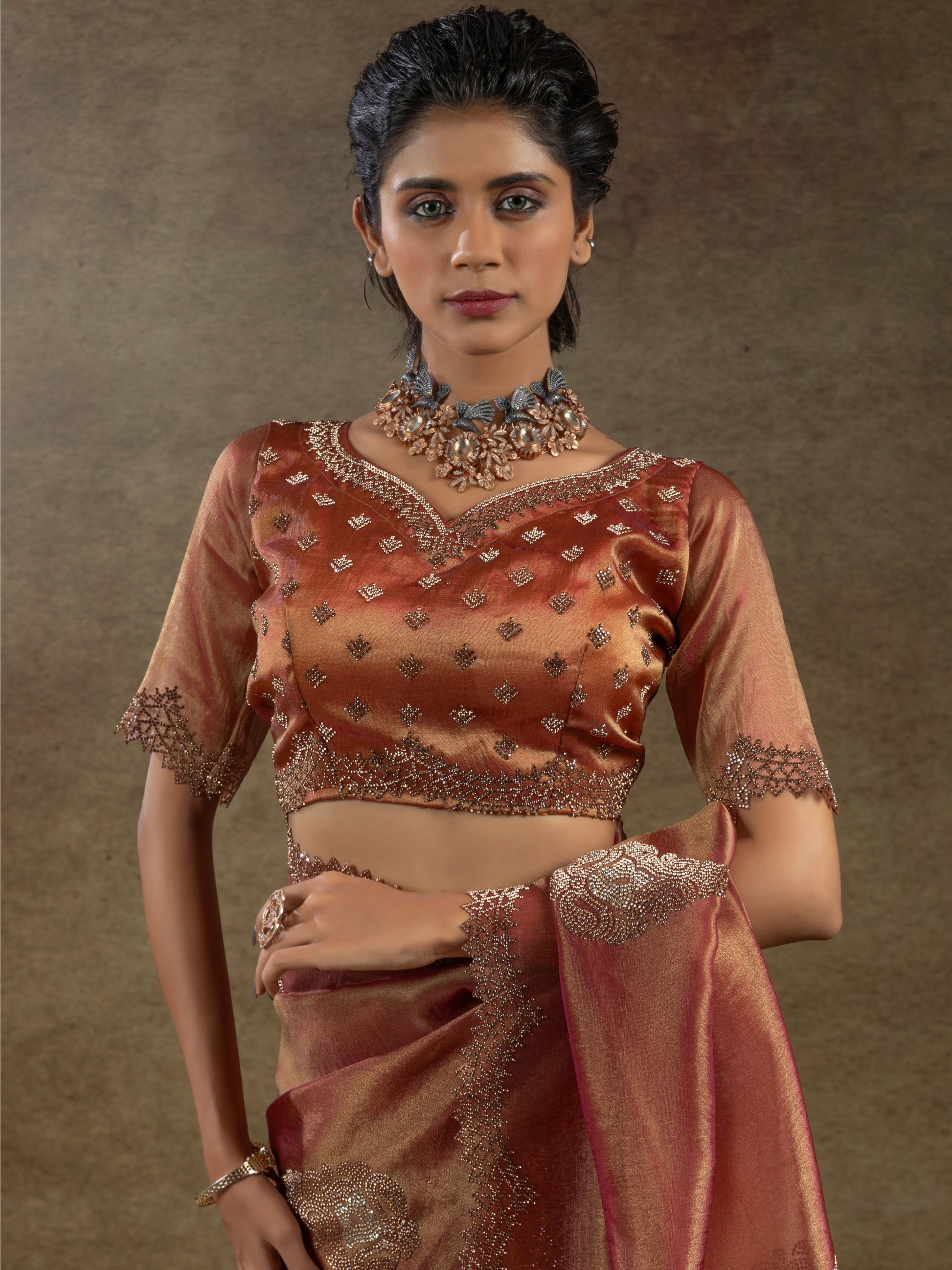 Gorgeous Orange Jarkan Work Organza Designer Saree With Blouse
