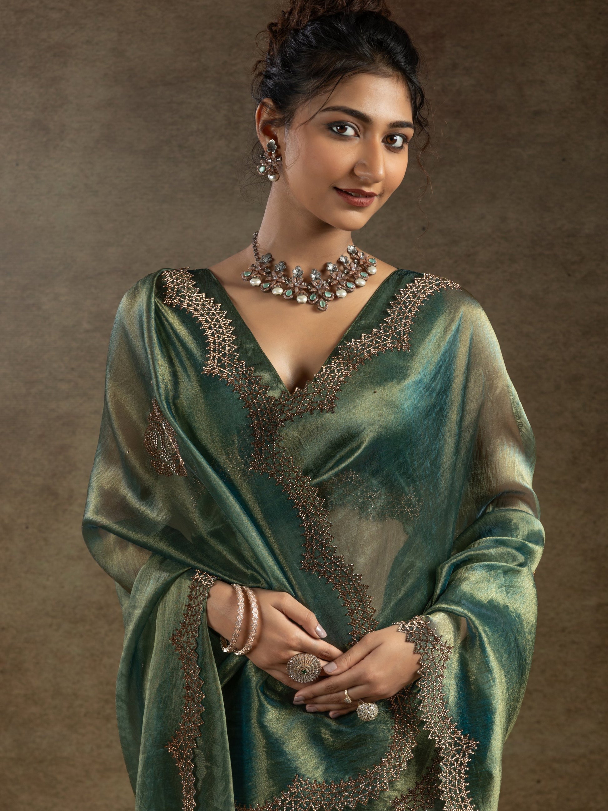 Fascinating Green Hand Work Organza Wedding Saree With Blouse