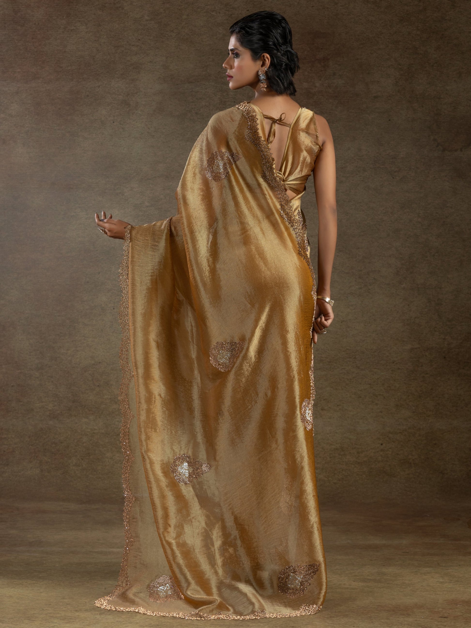 Glamorous Golden Organza Wedding Saree With Heavy jarkan Work Blouse
