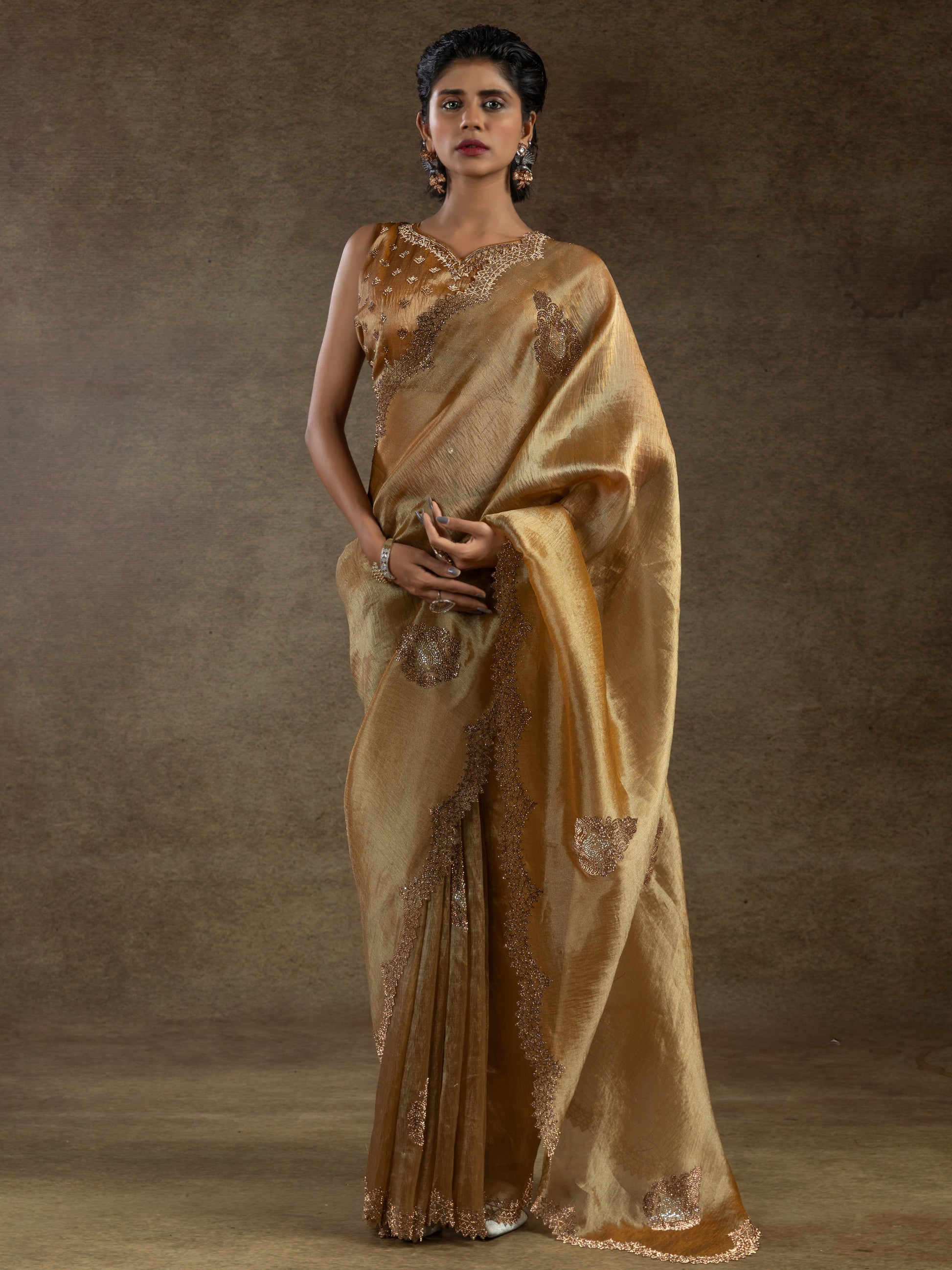 Glamorous Golden Organza Wedding Saree With Heavy jarkan Work Blouse