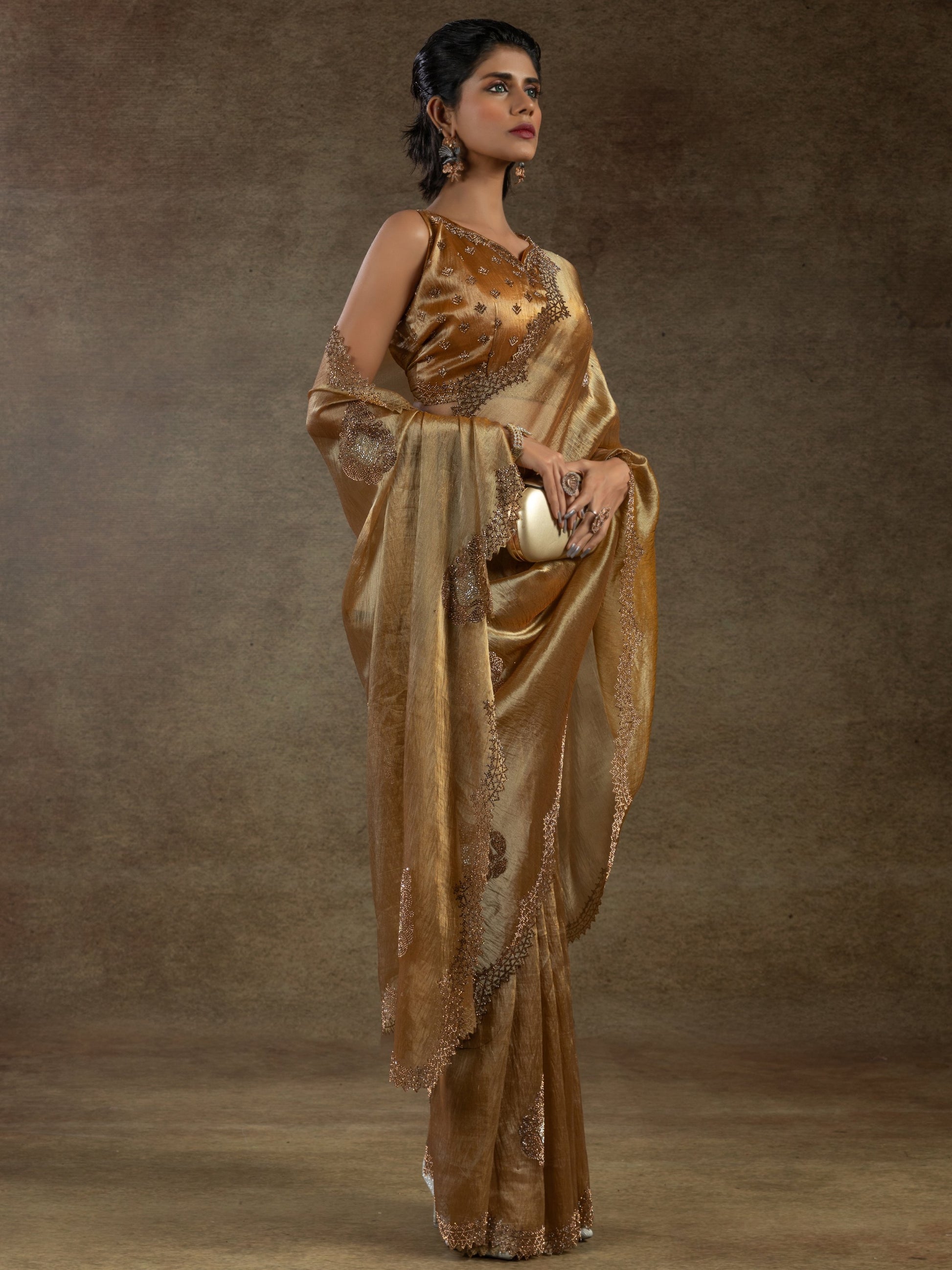 Glamorous Golden Organza Wedding Saree With Heavy jarkan Work Blouse