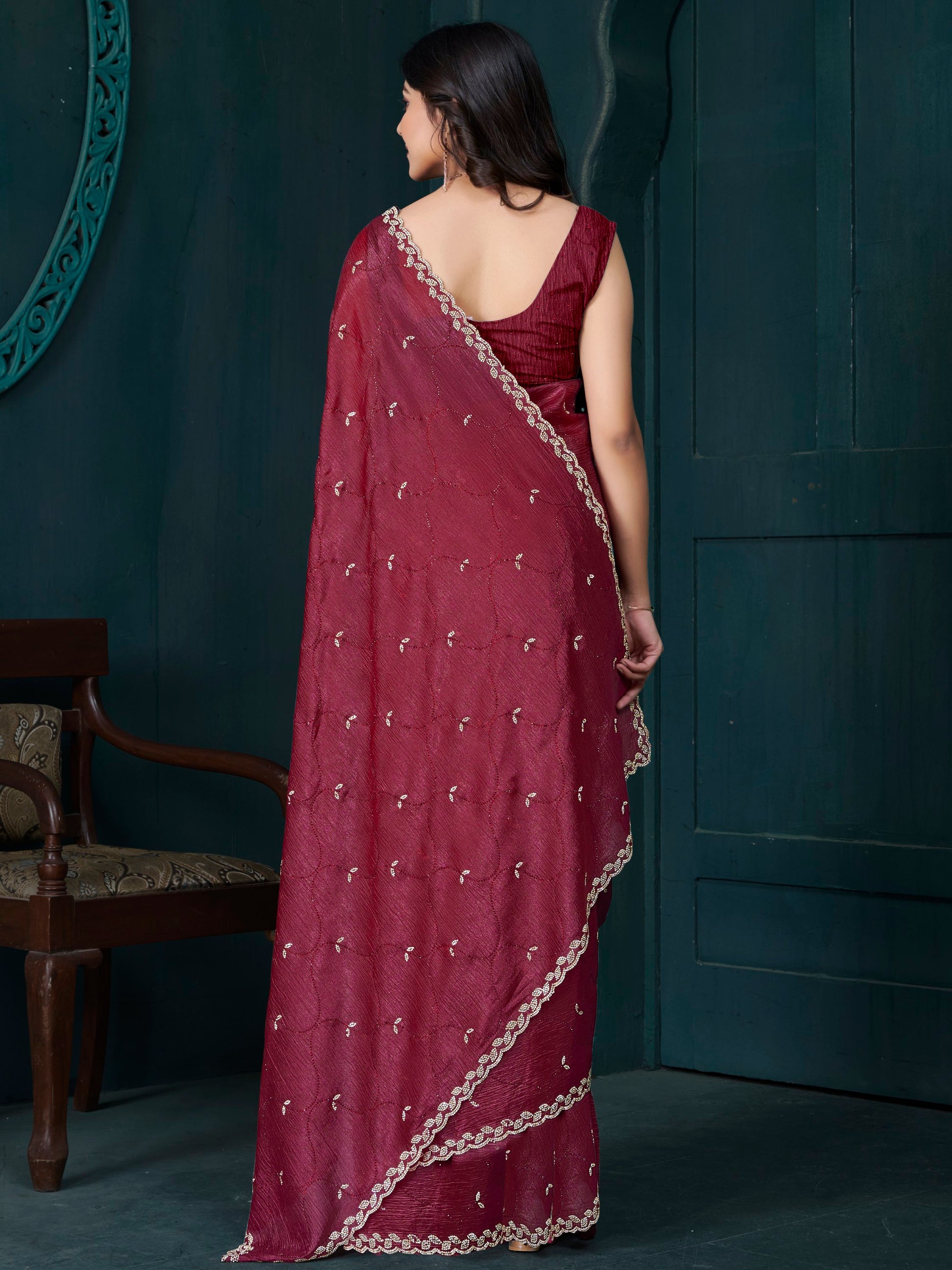 Gorgeous Maroon Hand Work Crepe Silk Wedding Wear Saree