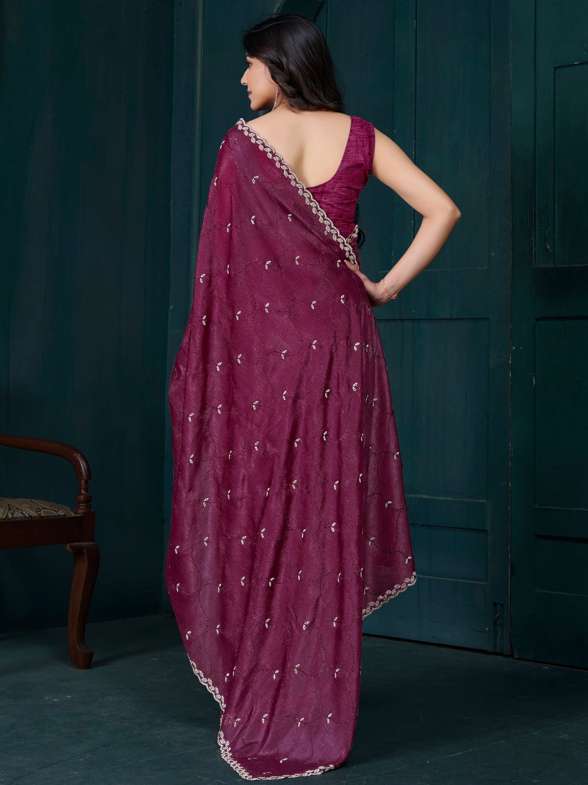 Glamorous Wine Hand Work Crepe Silk Party Wear Saree With Blouse