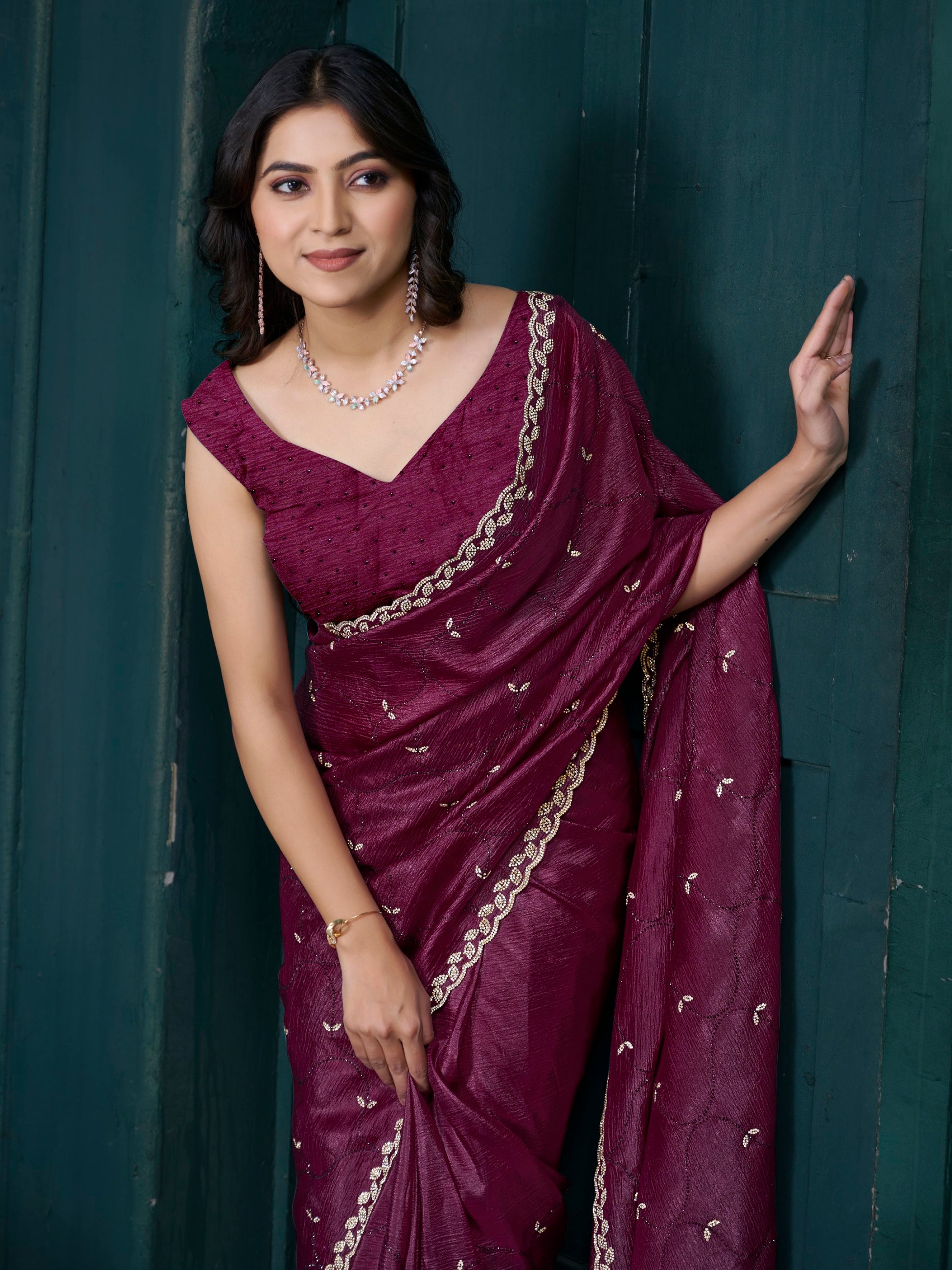 Glamorous Wine Hand Work Crepe Silk Party Wear Saree With Blouse