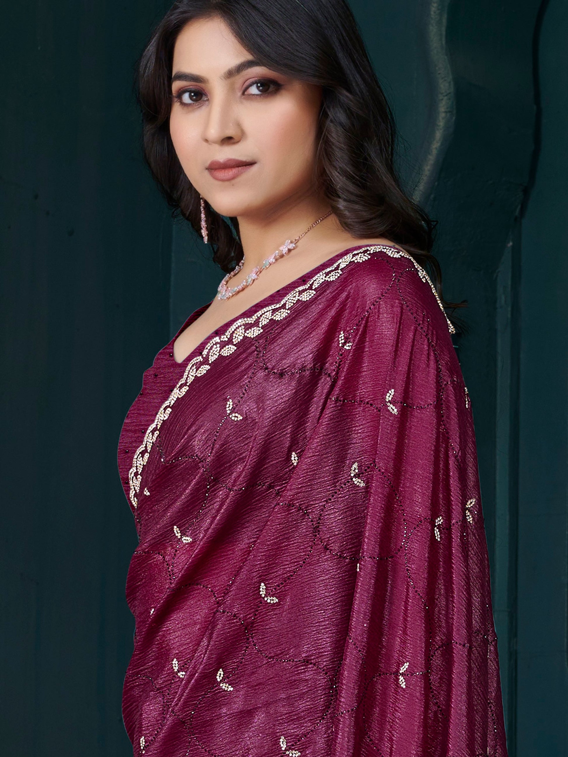 Glamorous Wine Hand Work Crepe Silk Party Wear Saree With Blouse