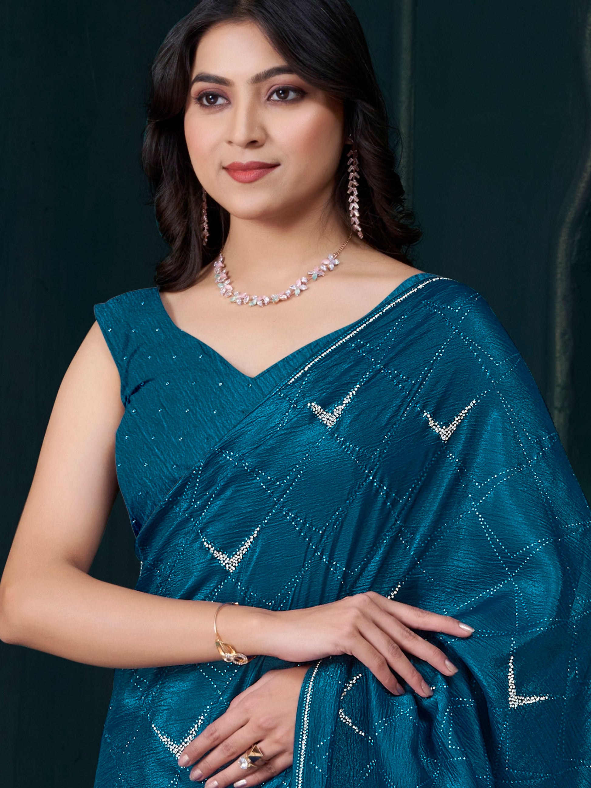 Fascinating Teal Blue Crepe Silk Party Wear Saree With Blouse